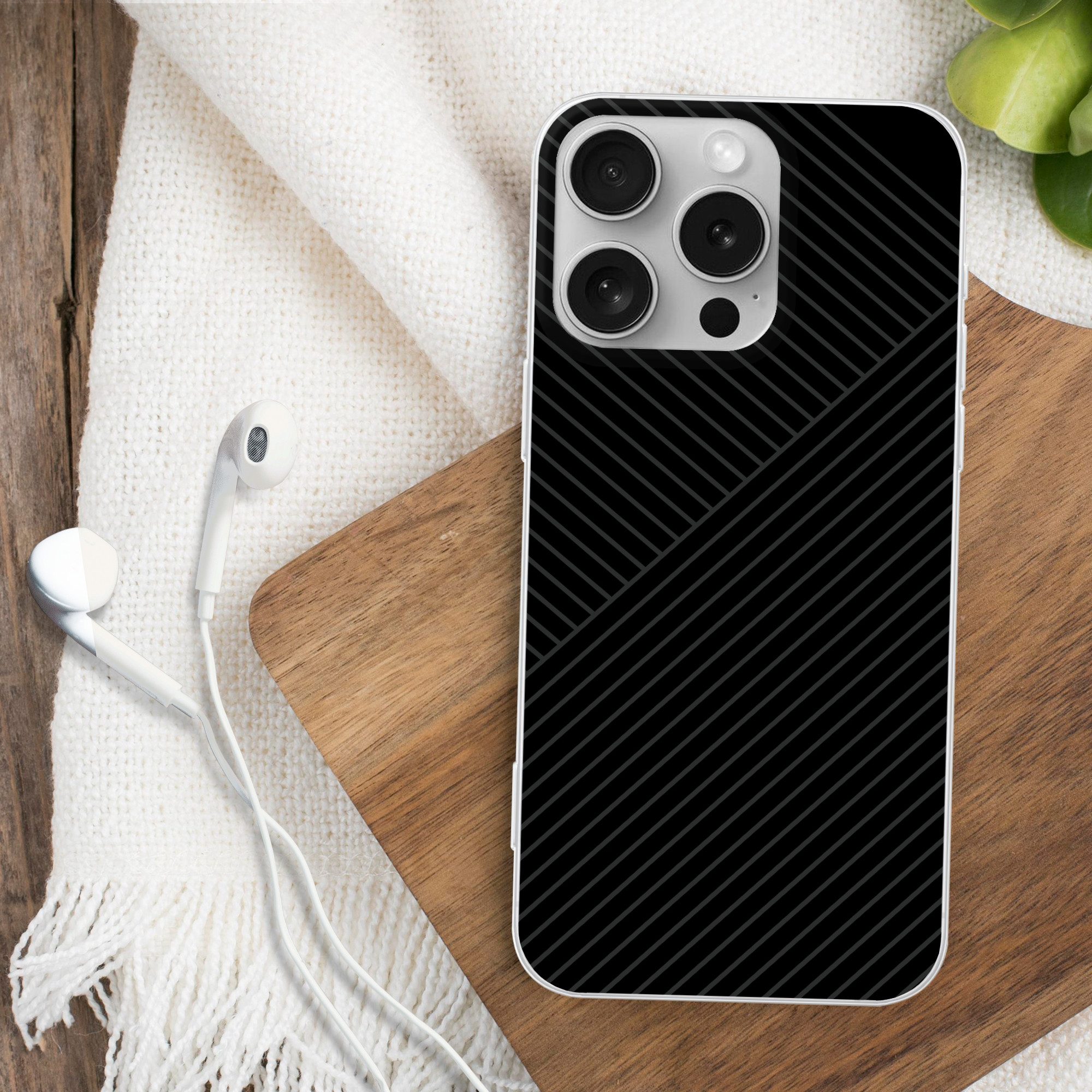 MuchoWow Handyhülle für Apple iPhone 16 Pro Linien - Abstrakt - Schwarz - Grau - Minimalis, Smartphone-Bumper, Print, Handy Schutzhülle Dünn