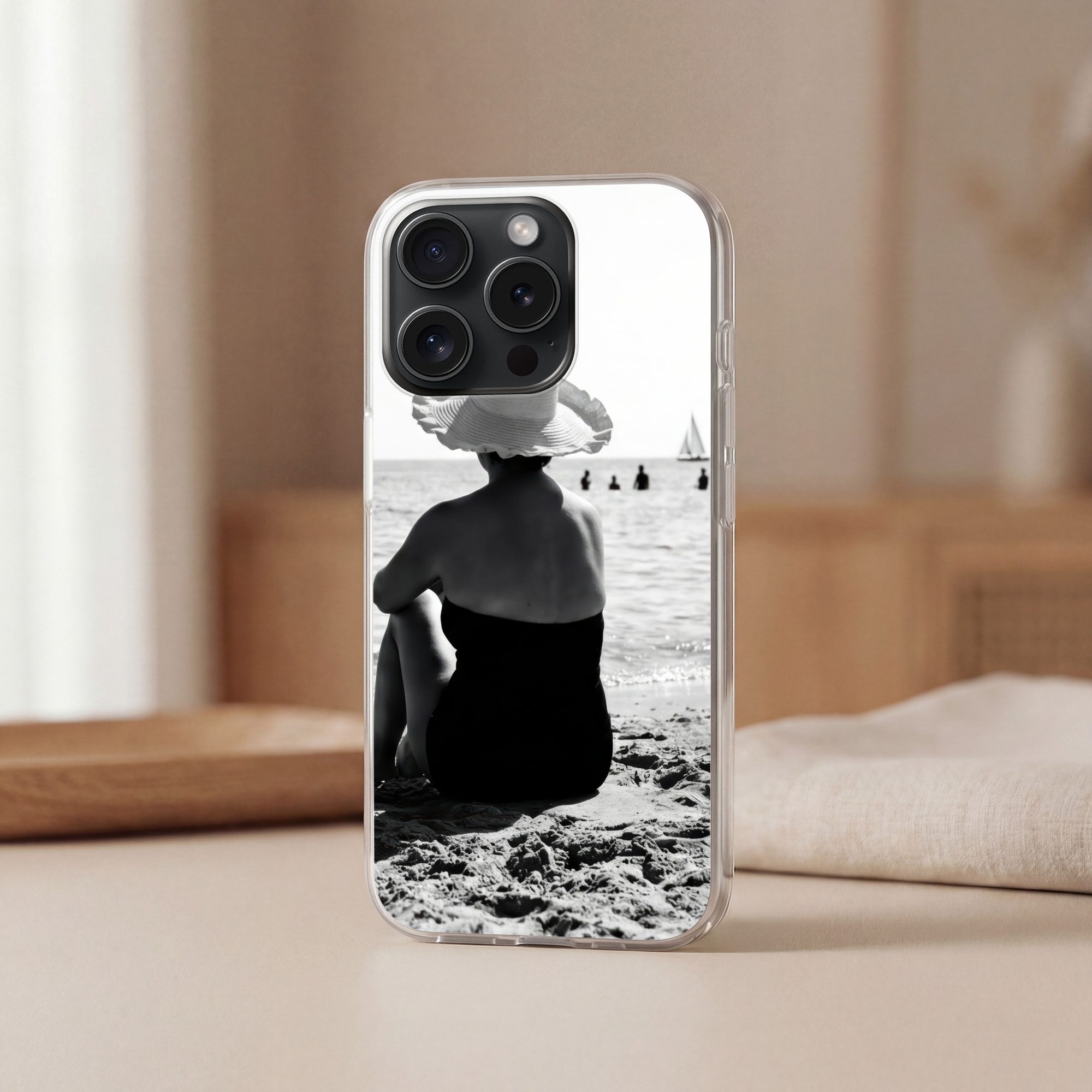 MuchoWow Handyhülle für Apple iPhone 15 Pro Max Frauen - Sonnenhut - Strand - Schwarz - We, Smartphone-Bumper, Print, Handy Schutzhülle Dünn
