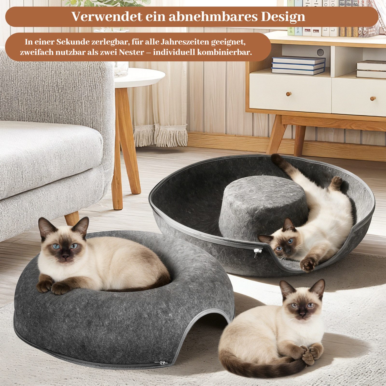 BlingBin Tiertunnel Katzentunnel Katzenhöhle aus Filz Stilvolles Katzenbett 60x60x28cm, Filz, Kratzfest & robust – Moderner Katzendonut & Katzentunnel