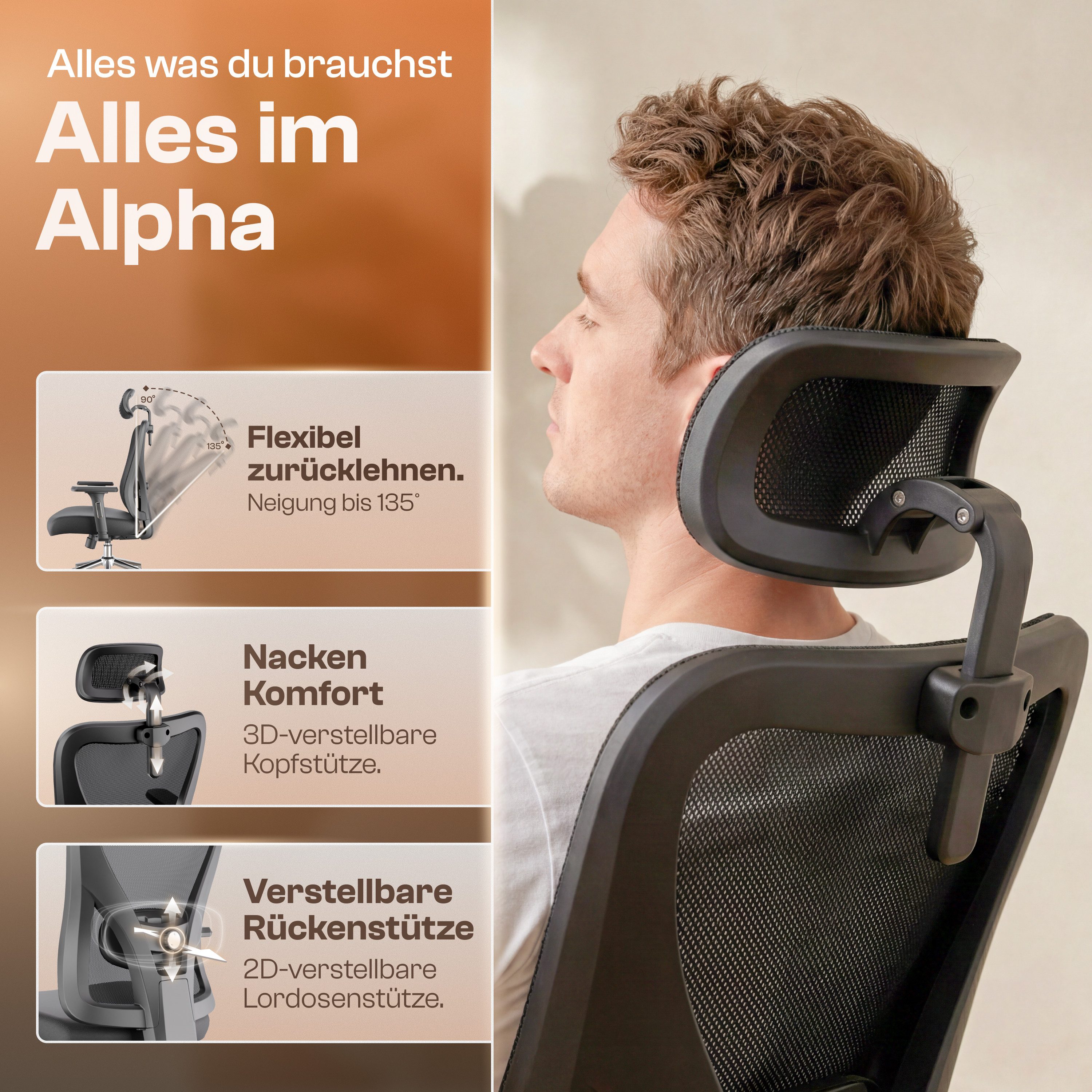 LUTIVO Bürostuhl Ergonomisch & Individuell Anpassbar, Home Office Schreibtischstuhl (Bürostuhl Alpha, Bravo), Einstellung für Sitzhöhe, Kopfstütze, Armlehnen un – Bild 4 von 5