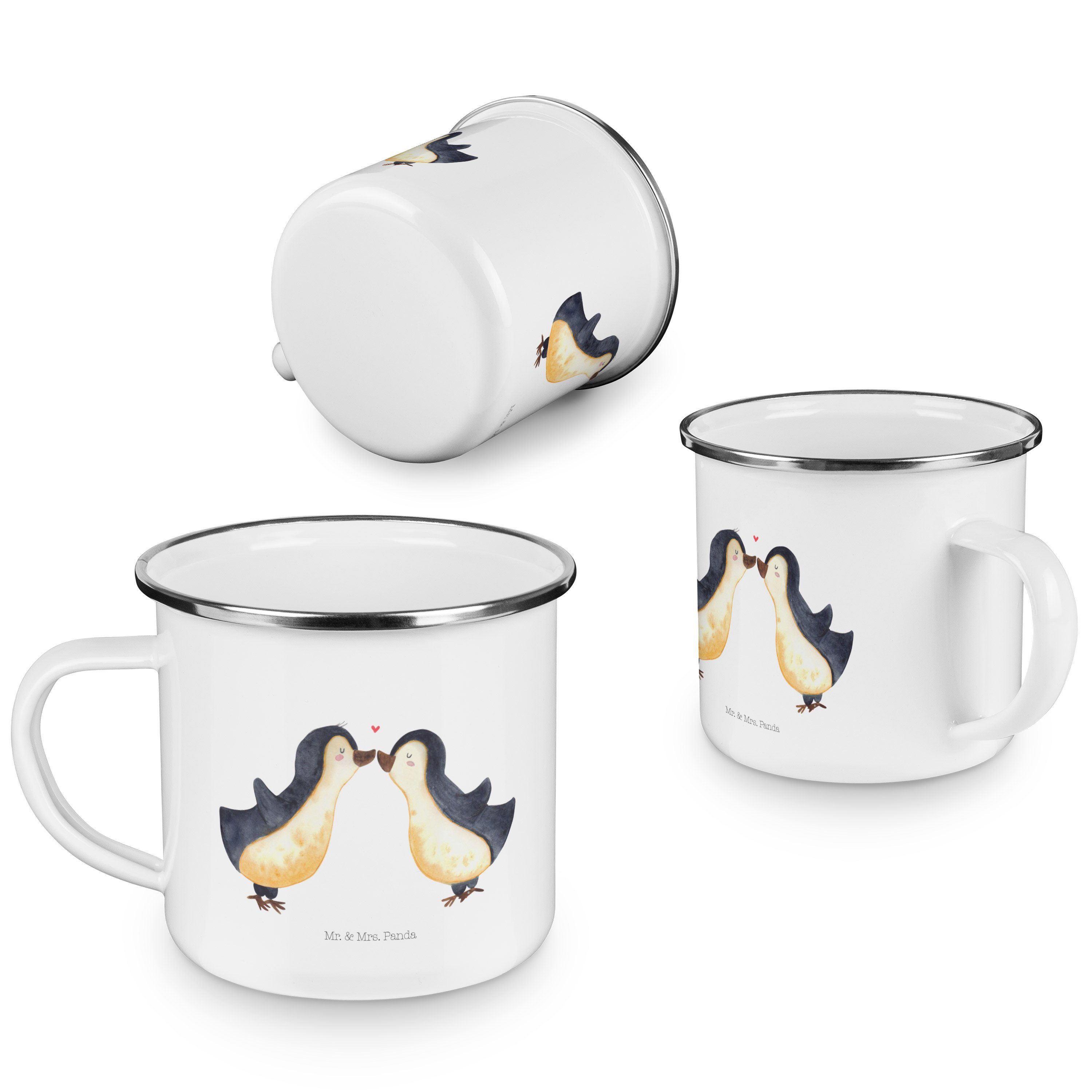 Emaille Mrs. Becher Geschenk, Mr. Panda - - Metalltasse Pinguin Camping, Weiß glücklich, & Liebe für