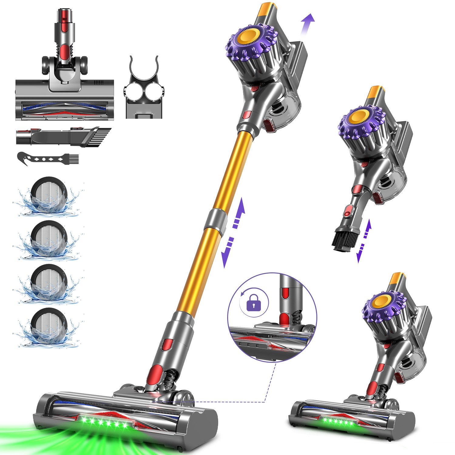 Adormii Akku-Hand-und Stielstaubsauger Akku Staubsauger,Staubsauger Kabellos 50kPa/50Min,GreenEye-Technologie, beutellos, Selbststehendes Design,Staubsauger für Tierhaare,Teppich und Hartboden