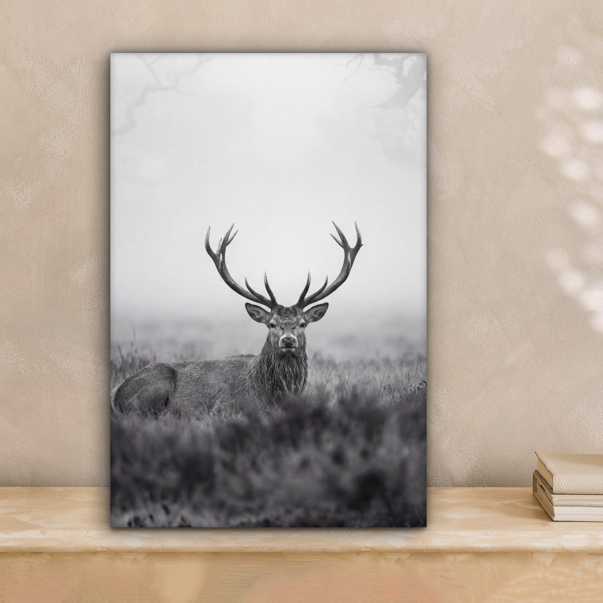 OneMillionCanvasses® Leinwandbild Hirsch - Neblig - Schwarz - Weiß, Fotodruck (1 St), Leinwand Bilder Klein, Wand Dekoration Aesthetic 30x20 cm – Bild 2 von 5