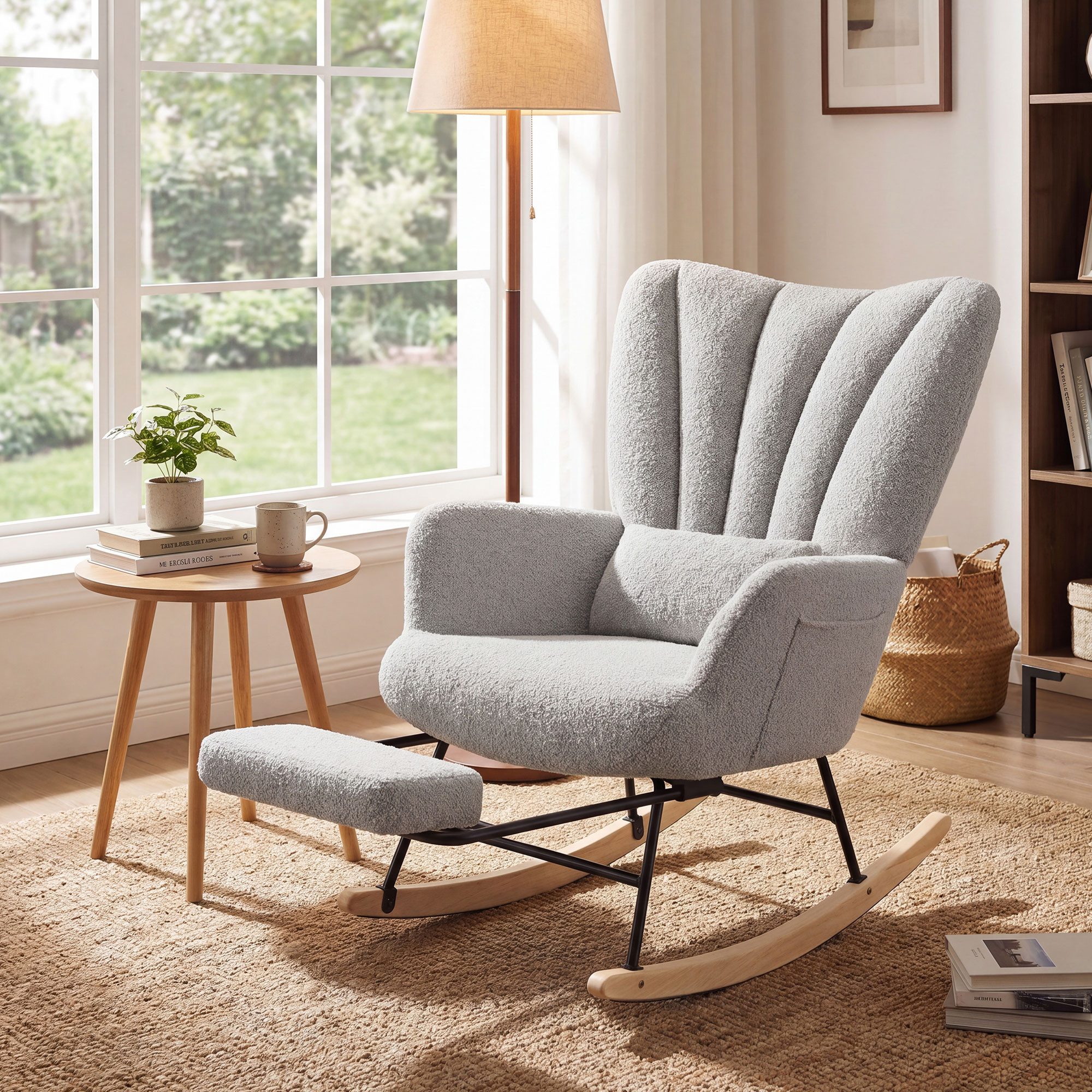 SONGMICS Schaukelsessel Schaukelstuhl, Relaxsessel, ausziehbare Fußstütze, für Schlafzimmer, abnehmbares Kissen, Seitentaschen, Holzbeine, Fleece