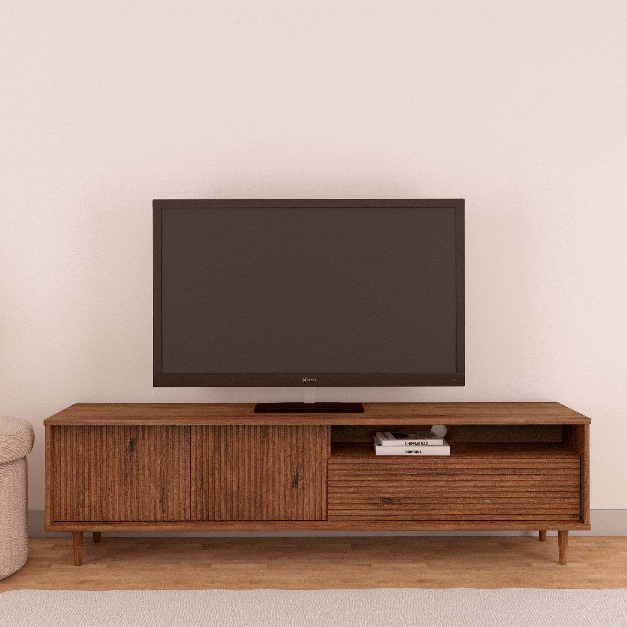 OTTO home Lowboard Malmedy Front mit gefrästen Rillen, TV-Kommode aus massivem Kiefernholz, Push-to-open, Breite 180 cm