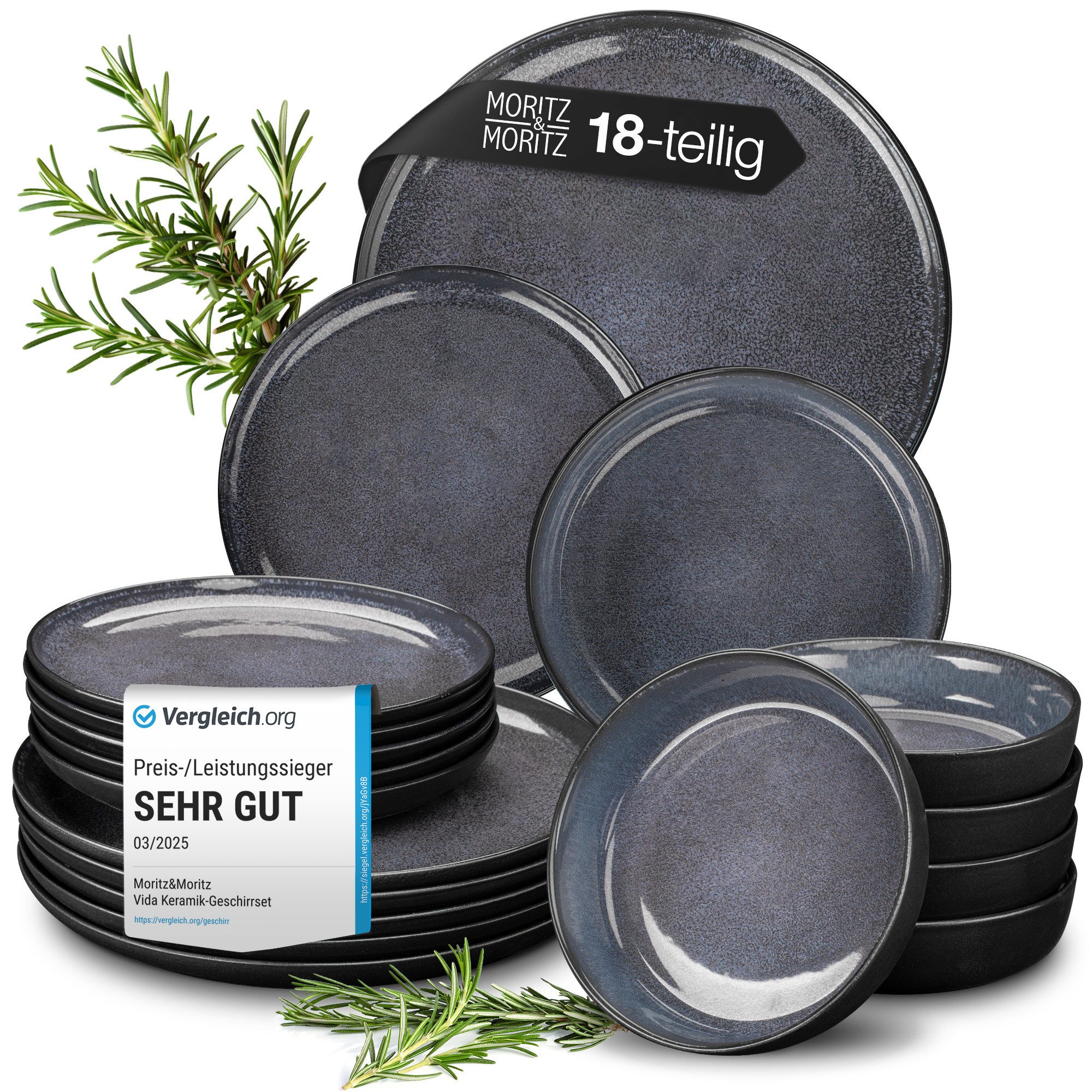 Moritz & Moritz Tafelservice VIDA Geschirrset Blau (18-tlg), 6 Personen, Porzellan, Kombigeschirr für 6 Personen