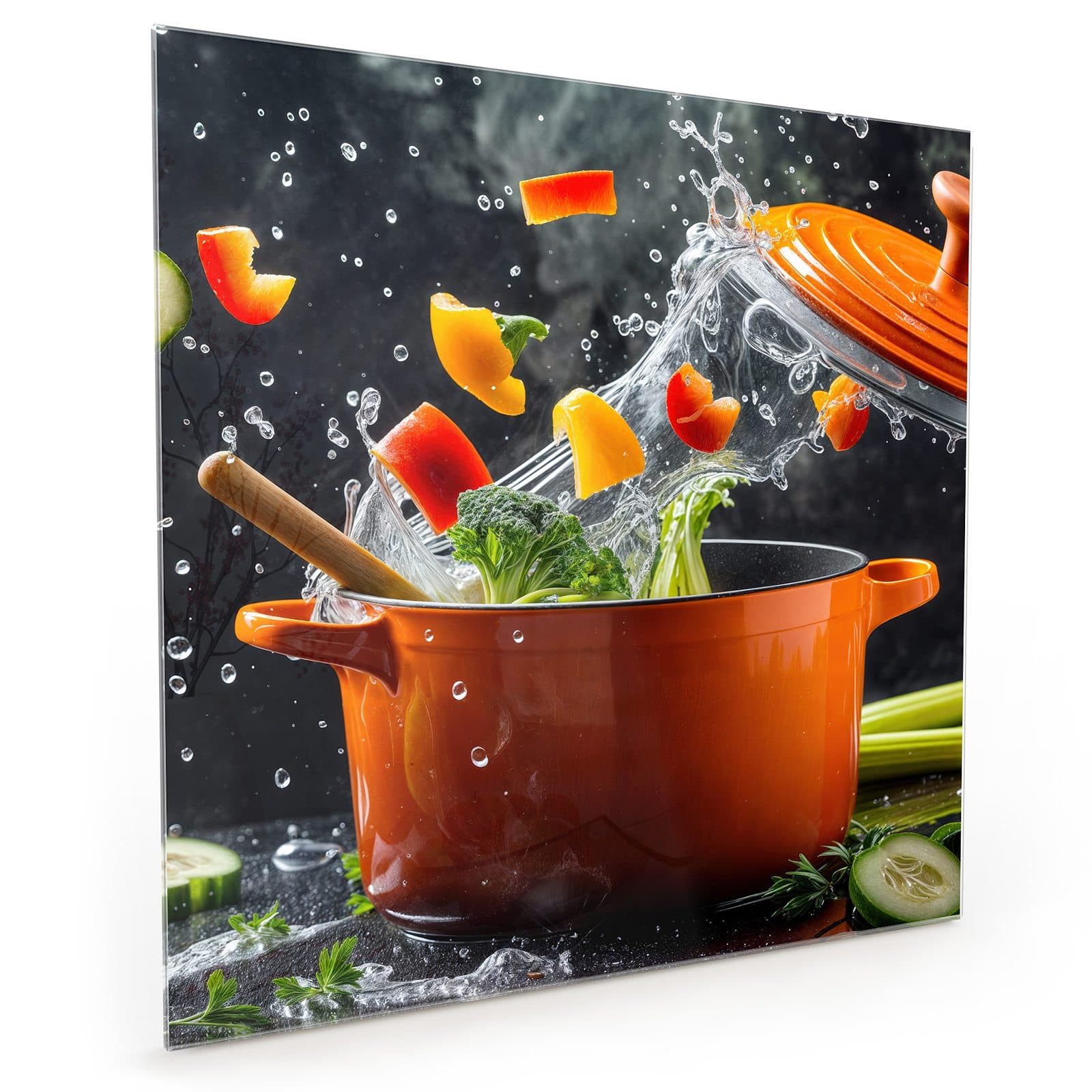 Primedeco Küchenrückwand Spritzschutz, Herdblende aus Glas - Motiv Kochtopf mit Gemüse