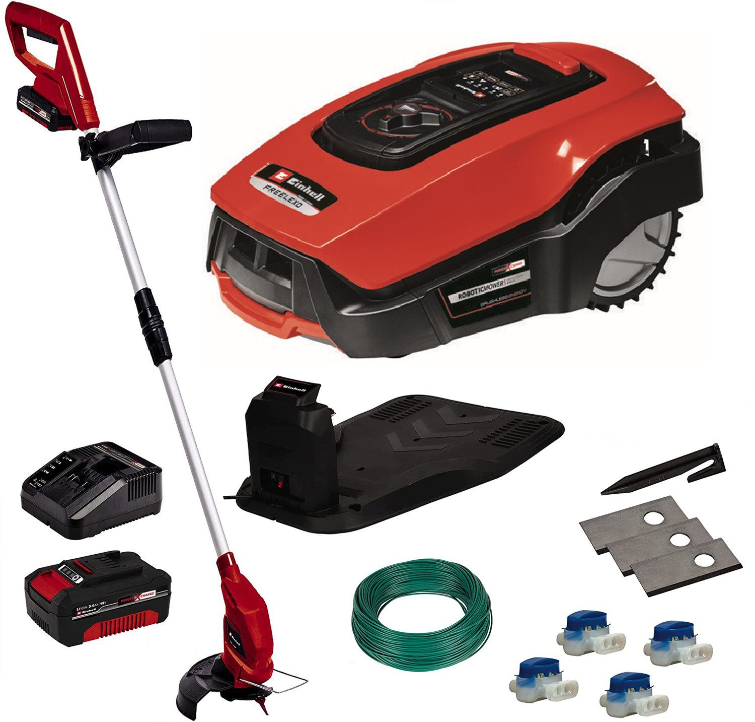 Einhell Rasenmähroboter FREELEXO 1000BT SET, bis 1000 m² Rasenfläche, (Rasentrimmer GC-CT 18/24Li, +2.Akku), Appsteuerung, inklusive Ladestation