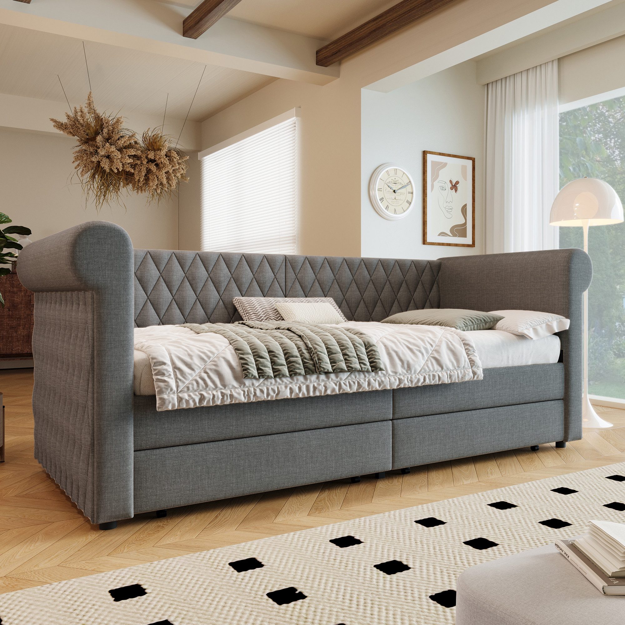 Flieks Daybett, Polsterbett Schlafsofa Tagesbett Kinderbett 90x200cm mit 2 Schubladen