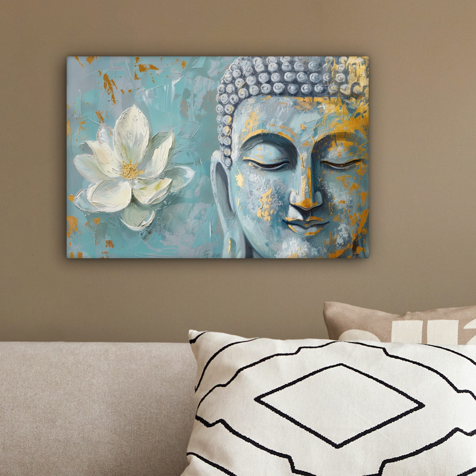 OneMillionCanvasses® Leinwandbild Buddha - Blume - Lotus - Gold - Blau, Fotodruck (1 St), Leinwand Bilder Klein, Wand Dekoration Aesthetic 30x20 cm – Bild 4 von 5