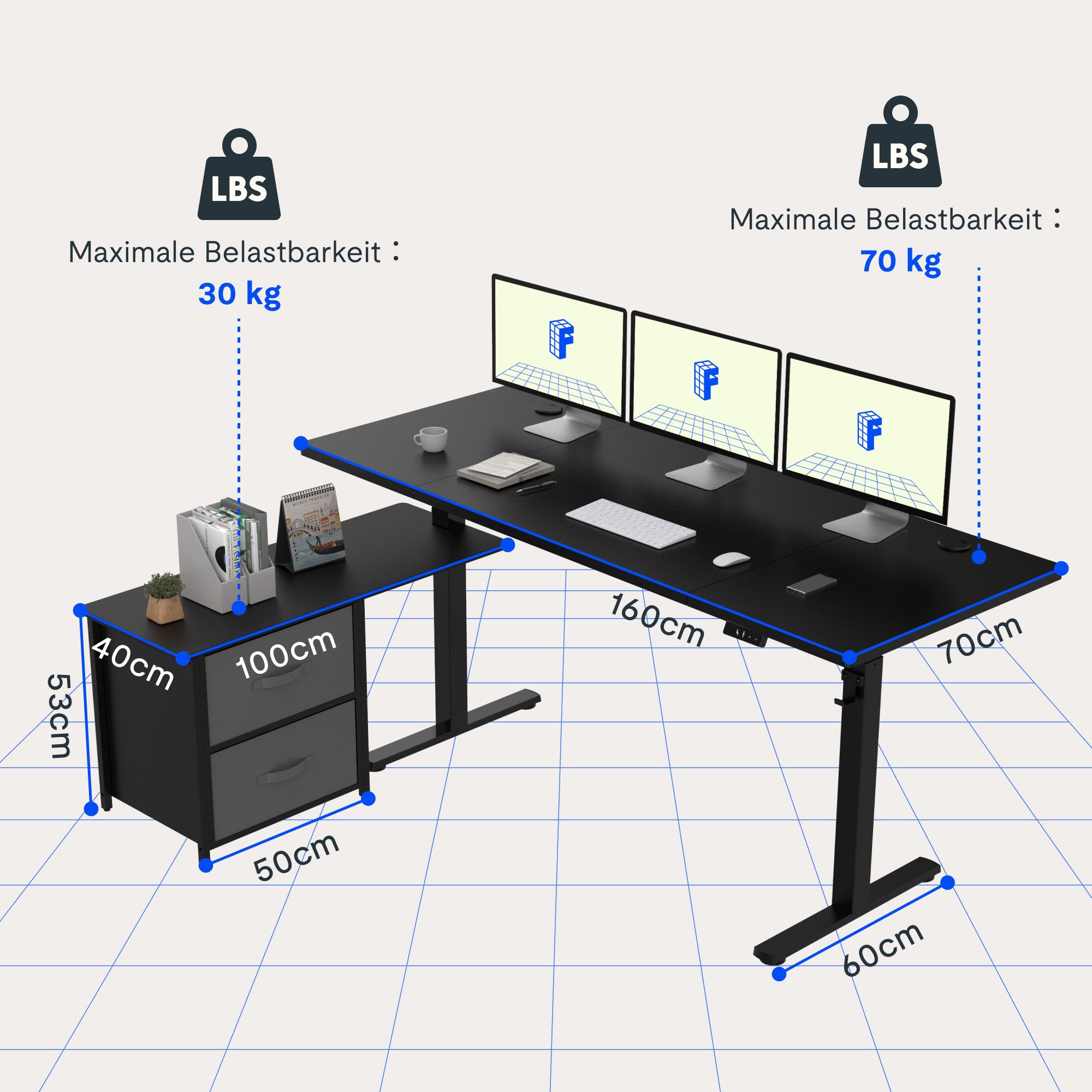FLEXISPOT Schreibtisch Höhenverstellbarer Schreibtisch mit Seitenschublaben, L-förmig, Stauraum und Haken, 160 x 70 cm, Höhen-Memory-Funktion