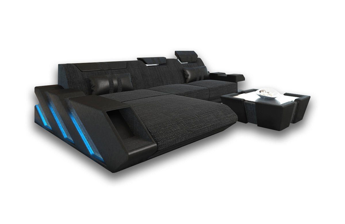 Sofa Dreams Ecksofa Polster Stoffsofa Stoff Couch Apollonia L Form Sofa, mit LED, wahlweise mit Bettfunktion als Schlafsofa, Designersofa H3 Hellgrau-Schwarz | Ecksofas
