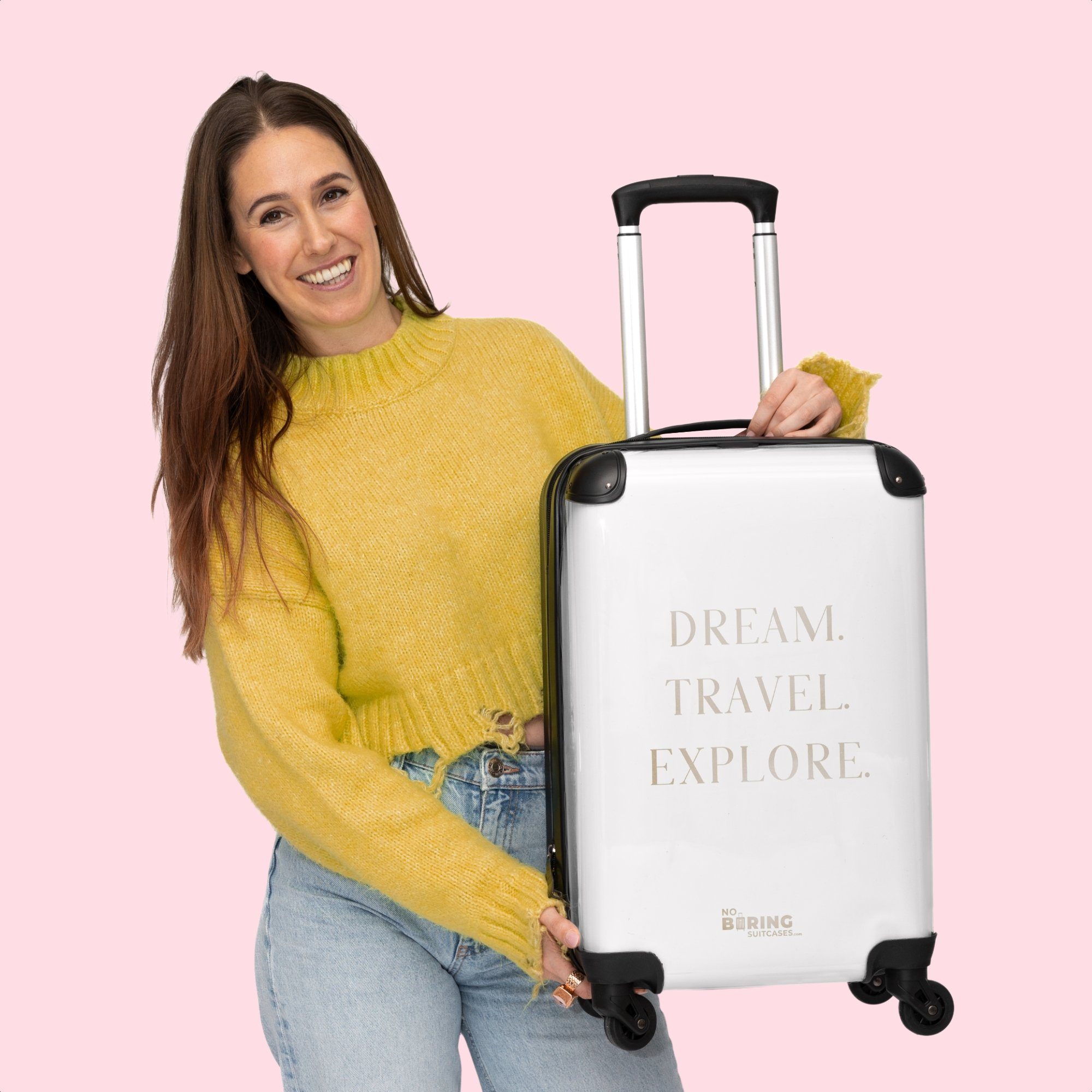 Cabin Urlaub, Rollkoffer erkunden Handgepäck Reisen - Trolley 55x35x20cm Zitate - Reisekoffer - mit Rollen Weiß Kleine - NoBoringSuitcases.com© - 4 Traumreise Handgepäck-Trolley Rollen, 4