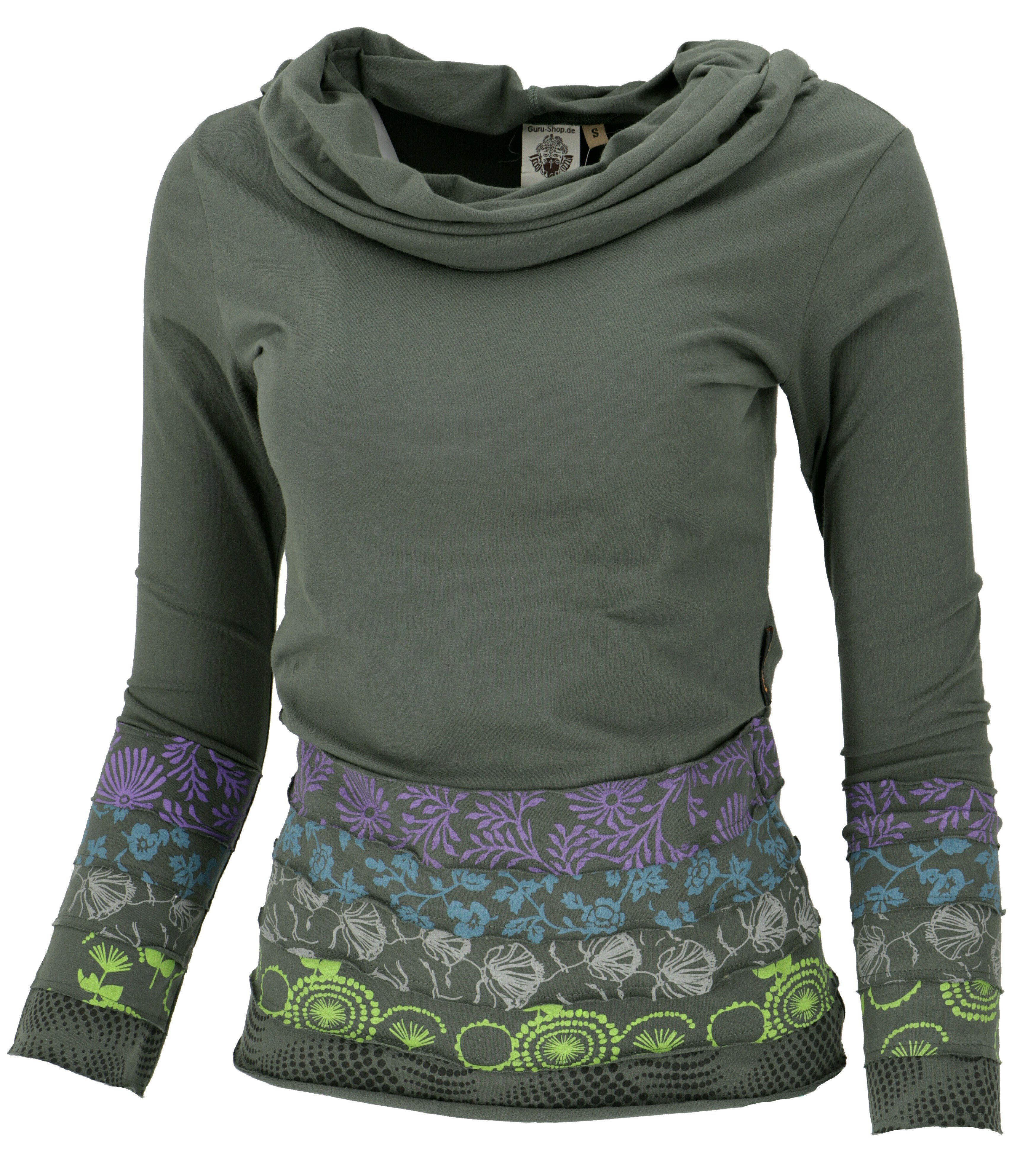Guru-Shop Longsleeve Kapuzenshirt, Boho Patchwork Shirt mit.. alternative Bekleidung