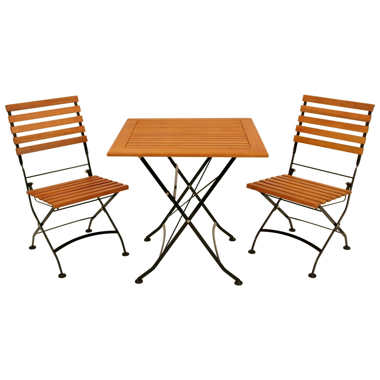 DEGAMO Garten-Essgruppe HOFGARTEN, (3-tlg), 2x Stuhl, 1x Tisch eckig 75x75cm, Stahl schwarz, Eukalyptus