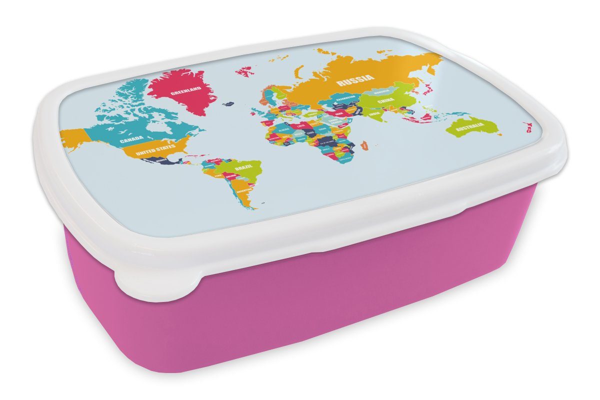 MuchoWow Lunchbox Weltkarte - Farben - Buchstaben - Kinder - Jungen - Mädchen, Kunststoff, (2-tlg), Brotbox für Erwachsene, Brotdose Kinder, Snackbox, Mädchen, Kunststoff rosa