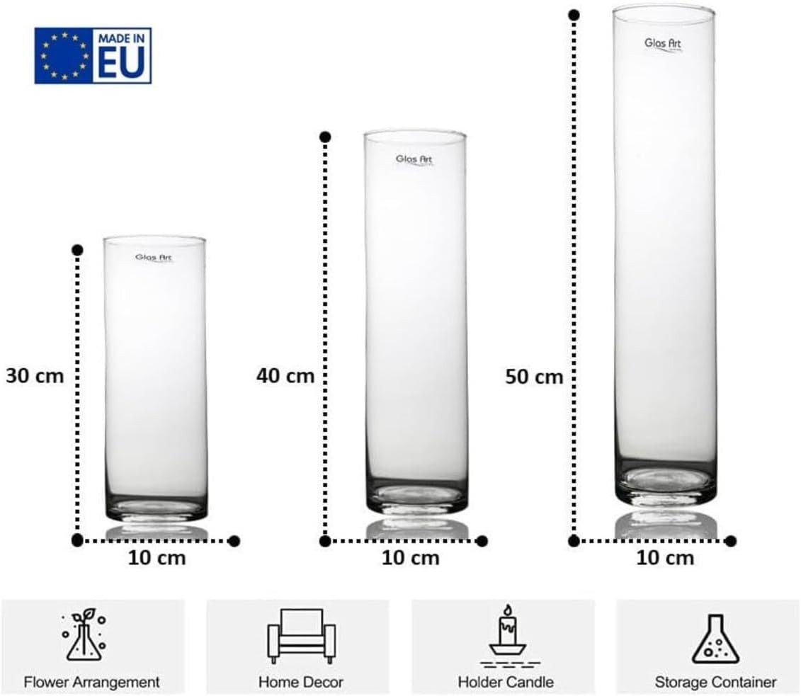 GlasArt Bodenvase Glas-Vase, Glasvase, Dekovase Klarglas, Zylinder gerade, 30-50x10cm