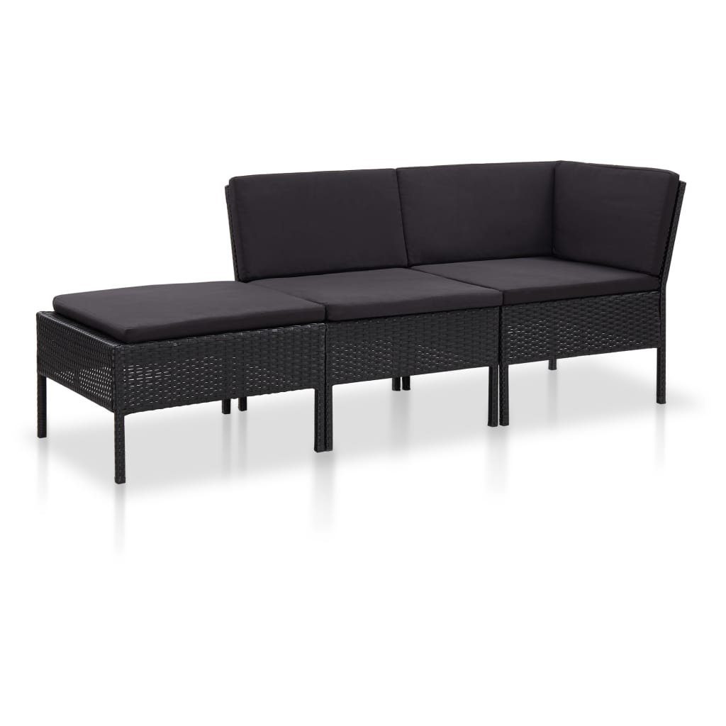 Garten-Lounge-Set Auflagen 3-tlg. Gartenlounge-Set (3-tlg) Schwarz, vidaXL mit Rattan Poly