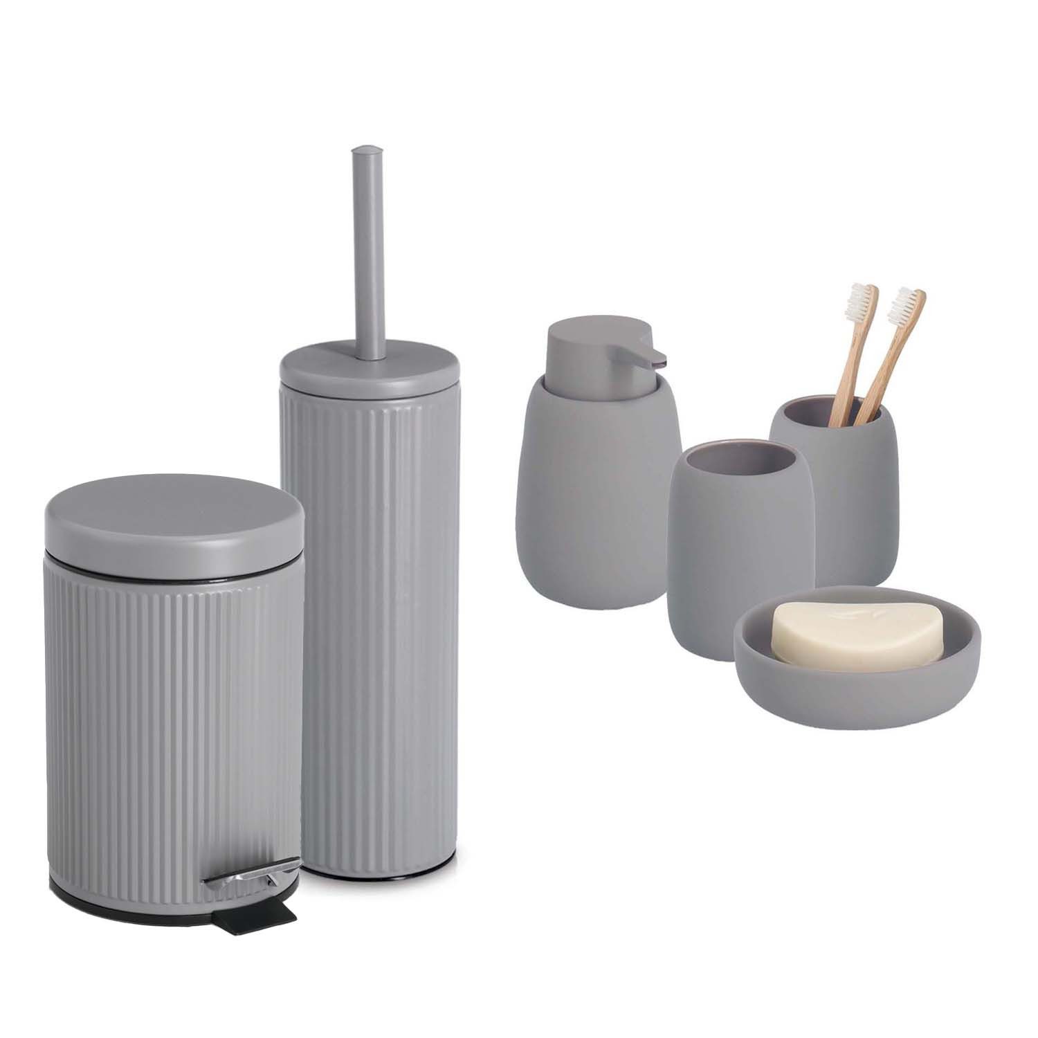 Zeller Present Badaccessoire-Set 6-teiliges Badaccessoire-Set - Keramik, Grau, Set, 6 tlg., 6-tlg., stilvolle Riffelstruktur