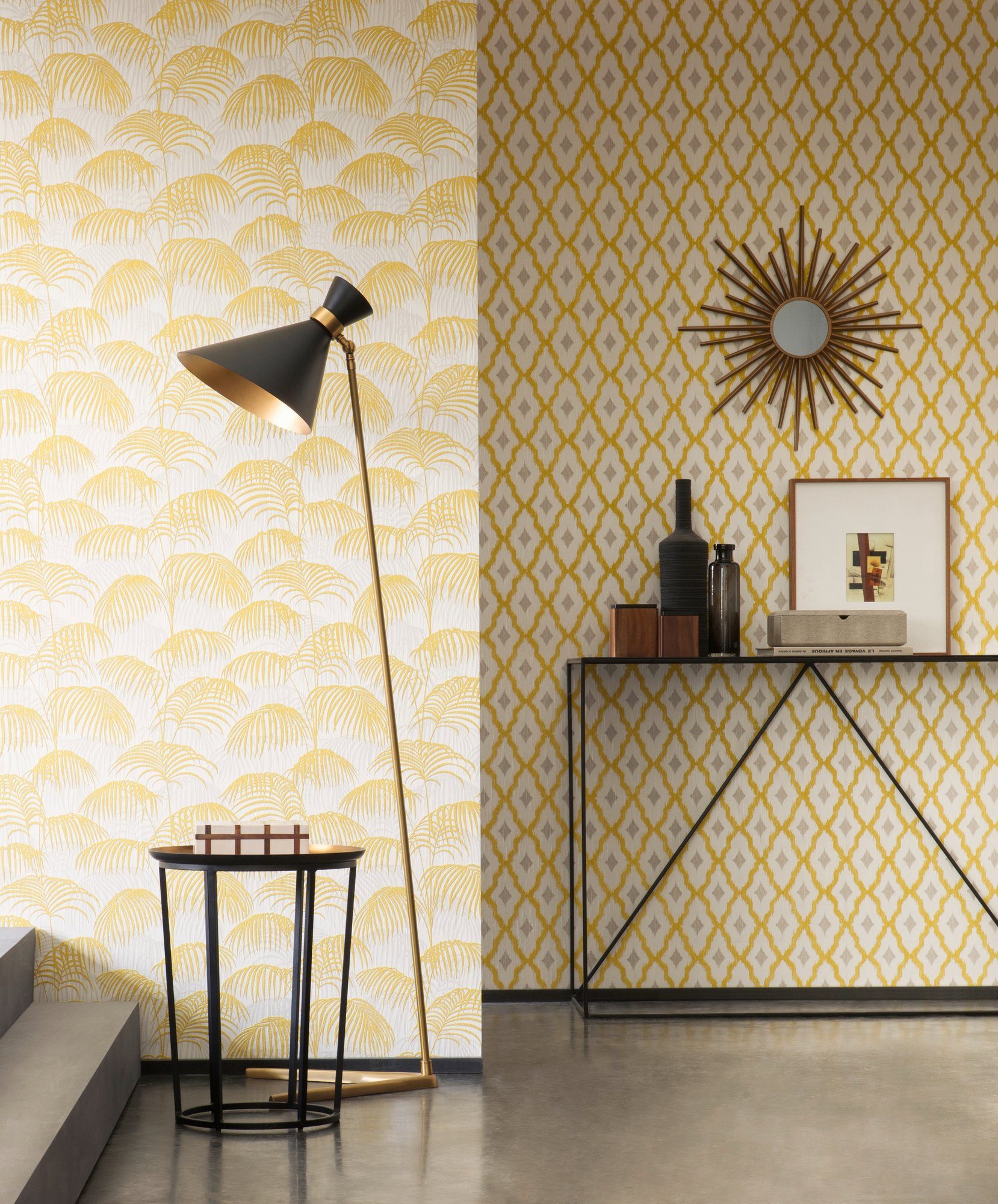 Architects Palmen Textiltapete Dschungeltapete samtig, Création Paper Tessuto, A.S. botanisch, floral, Tapete gold/gelb/weiß