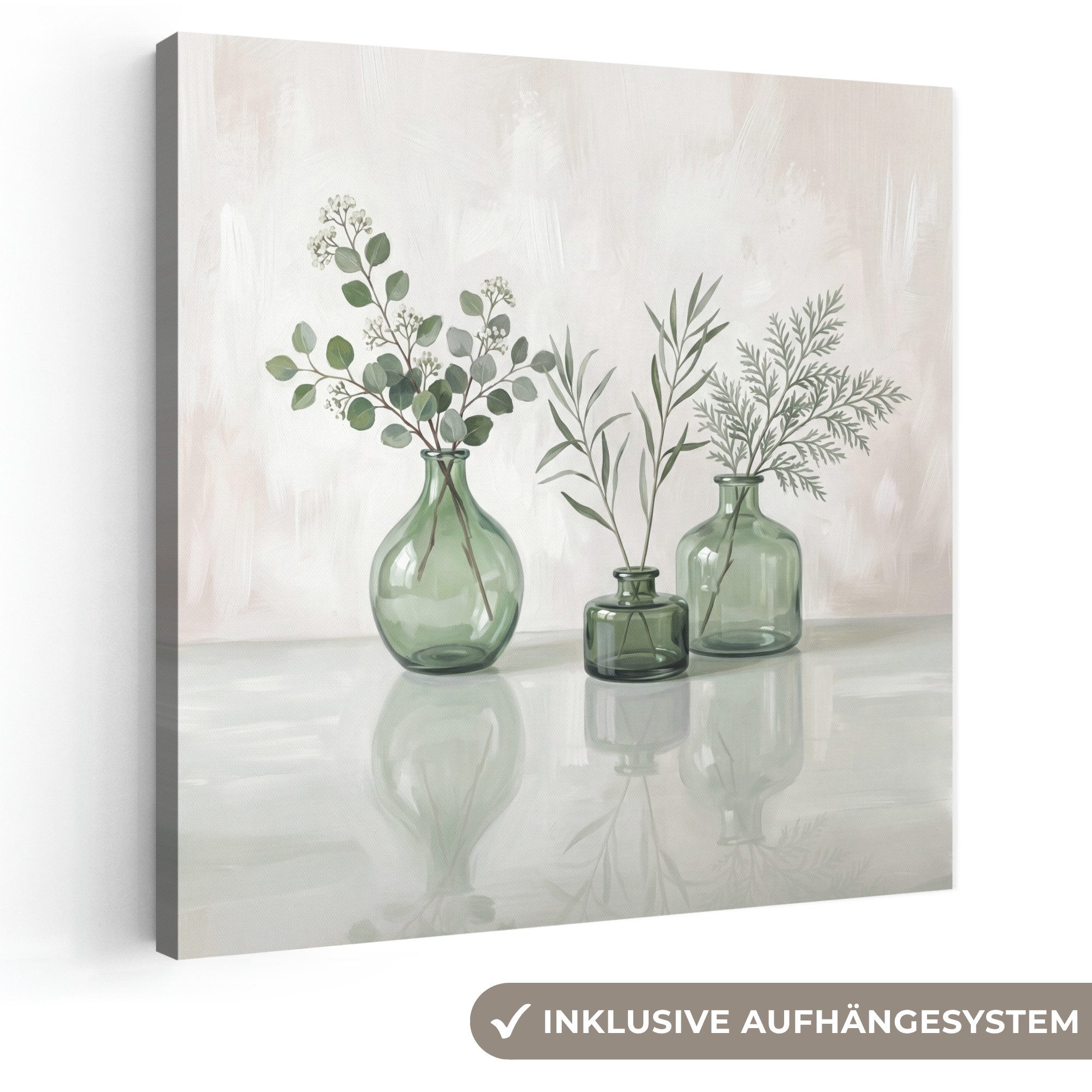 OneMillionCanvasses® Leinwandbild Vasen - Blätter - Grün, Fotodruck (1 St), Wandbild, Deko Schlafzimmer Wohnzimmer Flur 20x20 cm