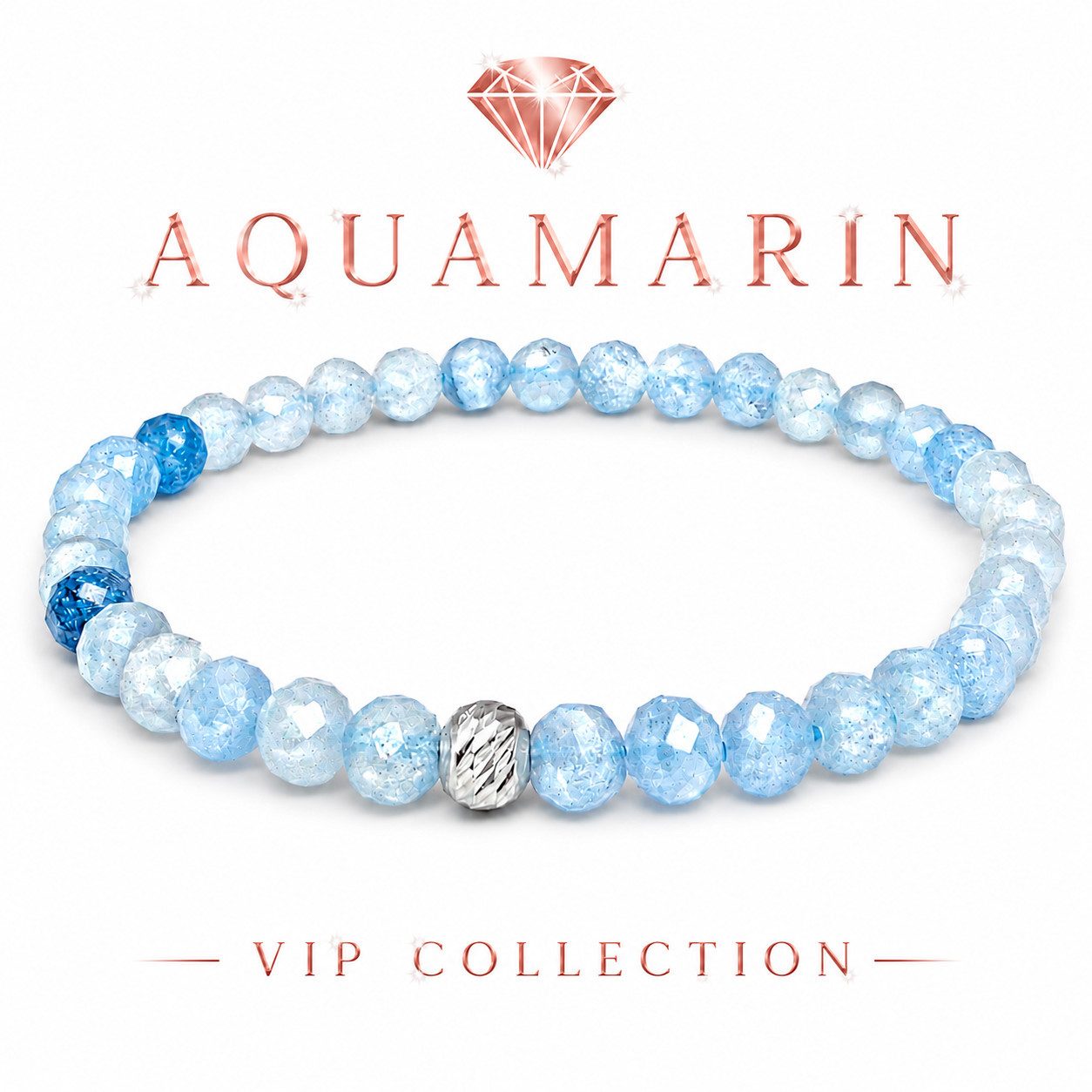 M-Punkt24 Armband Damen Armband 100% Echter Edelstein (AQUAMARIN, 5 mm, Natur, 925 Echt-Silber-Verschluss), Gummizug, inkl. Etui, SONDERPREIS wegen Produkt-Neuheit