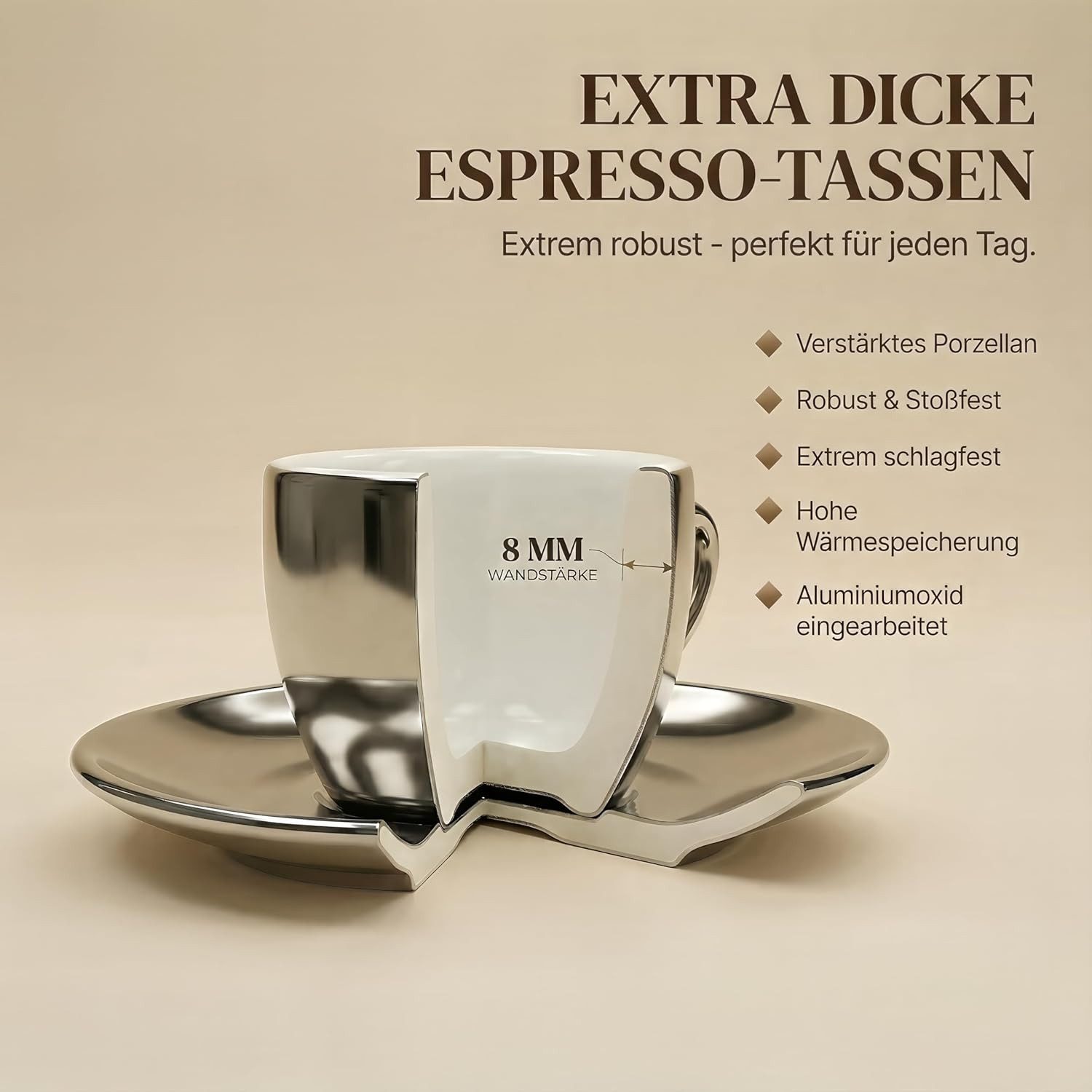 MUVELL Espressotasse 6x Espresso & Untertassen Set 0,8 cm dickwandig, chrome, 6-tlg., Keramik, 60 ml chrome mit weißen Rand und Innenfläche