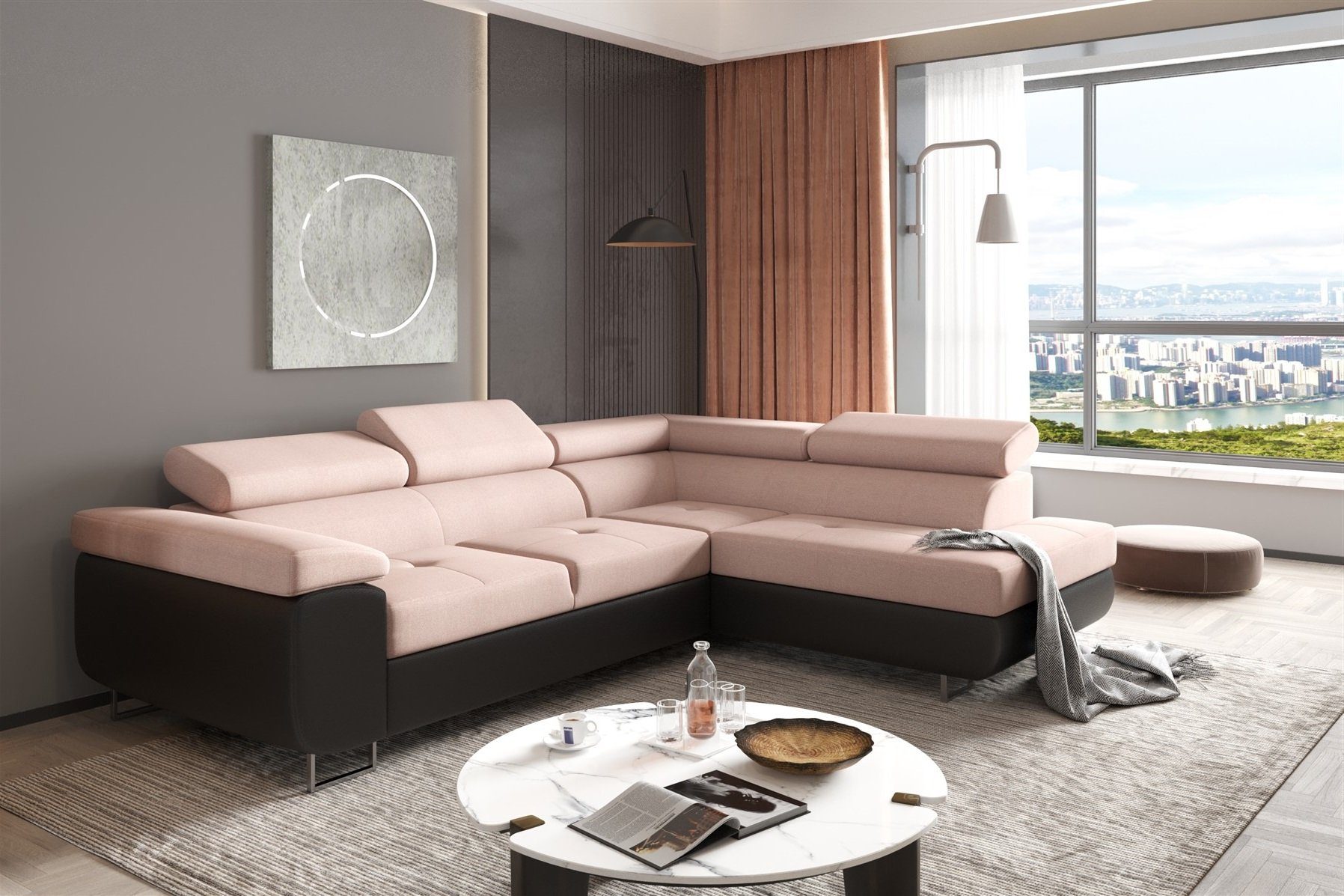 Fun Möbel Ecksofa Couchgarnitur JADE Schwarz-Beige Ottomane Rechts oder Links, mit Schlaffunktion
