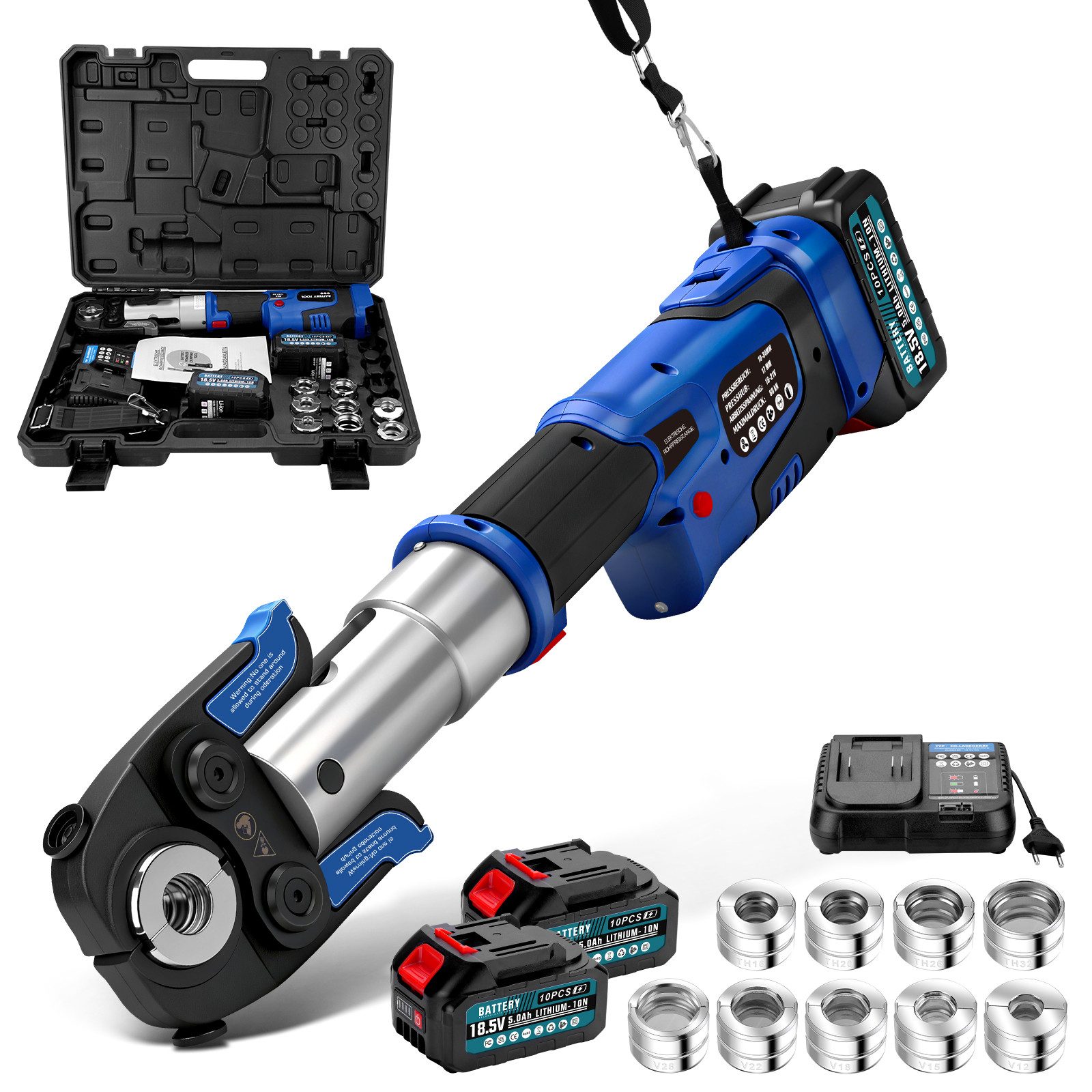 XERSEK Presszange Profi Crimpzange Rohrpresszange LCD-Display 2x5.0Ah-Akku TH & V-Kontur, 9 Sätze Pressbacken: TH16 TH20 TH26 TH32, V12 V15 V18 V22 V28, Hilfsgurt f. Ein-Mann-Bedienung Kupferrohre Edelstahlrohre Verbundrohr