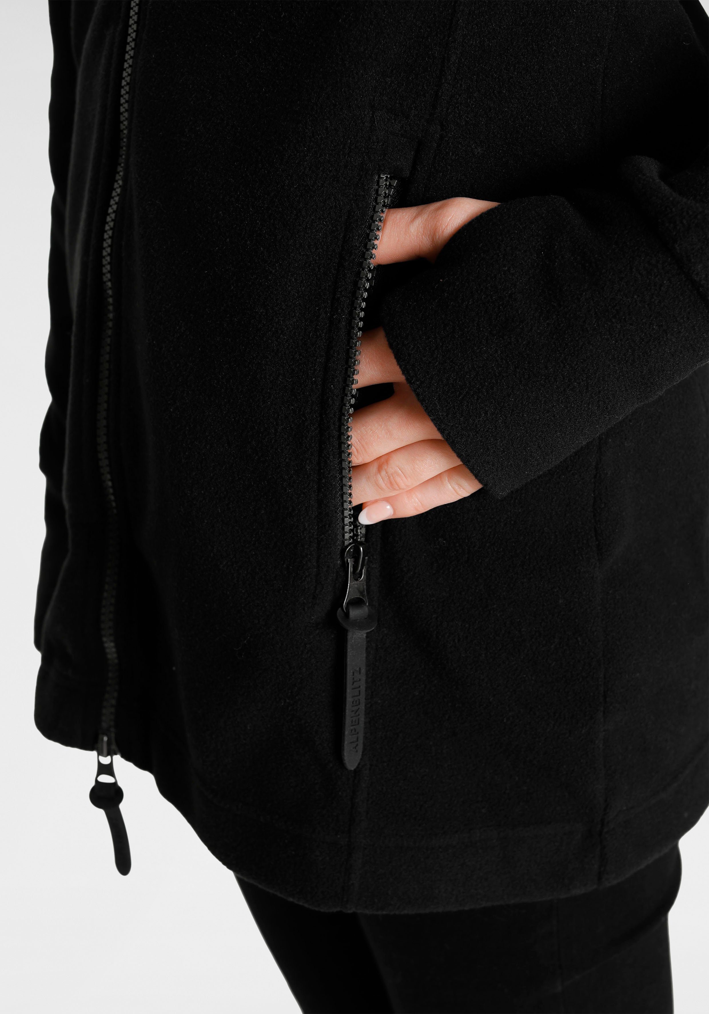 ALPENBLITZ Kapuzensweatjacke mit 2-Wege-Reißverschluss und Material Kapuze aus Fleece abnehmbarer schwarz Teiji