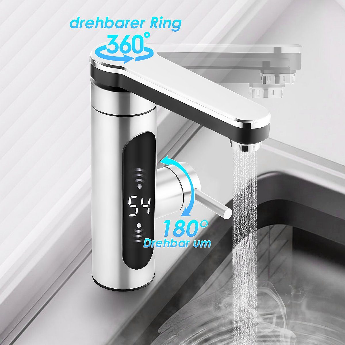 Griff 360° Elektrisch Temperaturanzeige Armatur Drehbar 3000W LED Klein-Durchlauferhitzer Gerader Wasserhahn LETGOSPT