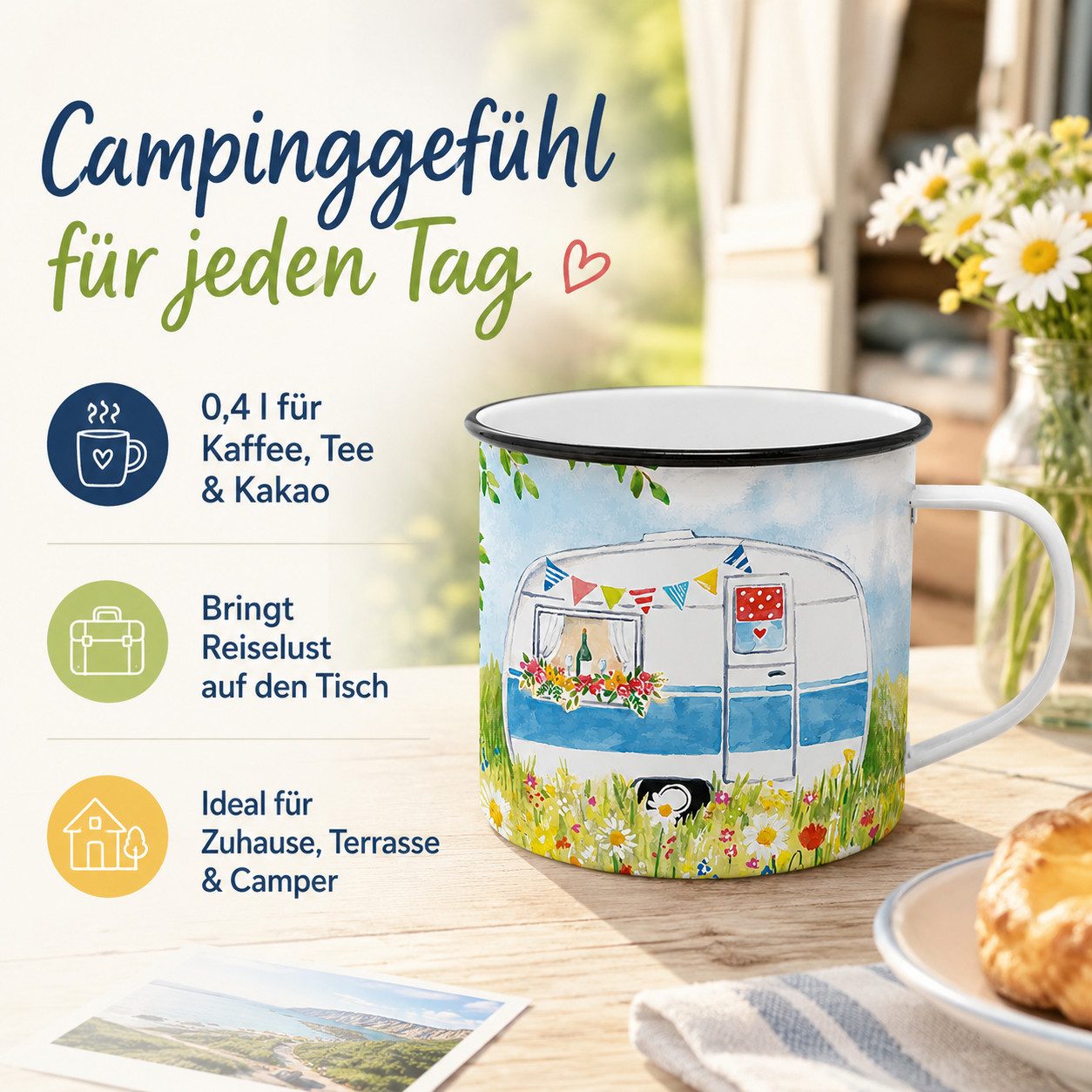 PPD Becher Henkelbecher aus Metall 0,3L - Happy Camping, 1-tlg., Porzellan