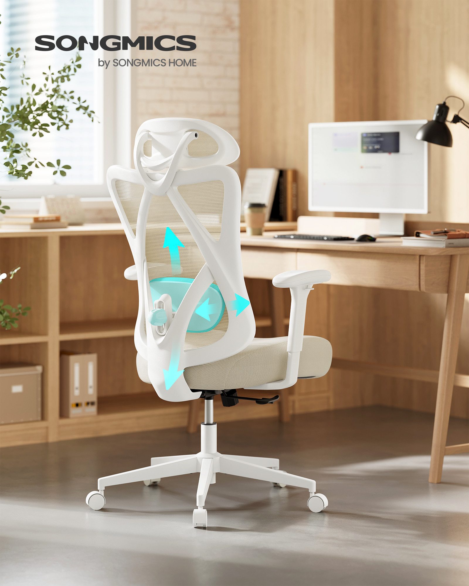 SONGMICS Bürostuhl ergonomischer Schreibtischstuhl, Computerstuhl, 70 x 70 x (115-125) cm, verstellbare Lendenstütze und Kopfstütze, bis 150 kg belastbar, beige