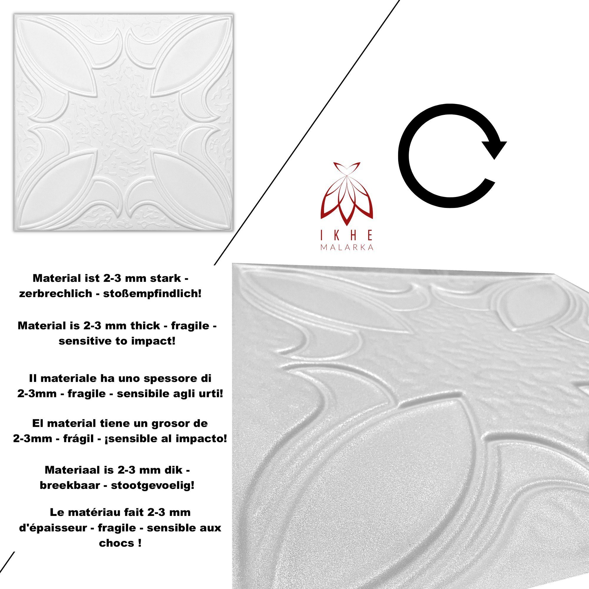 IKHEMalarka 3D Wandpaneel aus Polystyrol Styropor XPS 2m² = 8 Stück, BxL: 50,00x50,00 cm, 0,25 qm, (Platten XPS, Polystyrol Paneele) Paneelen für Decke & Wand