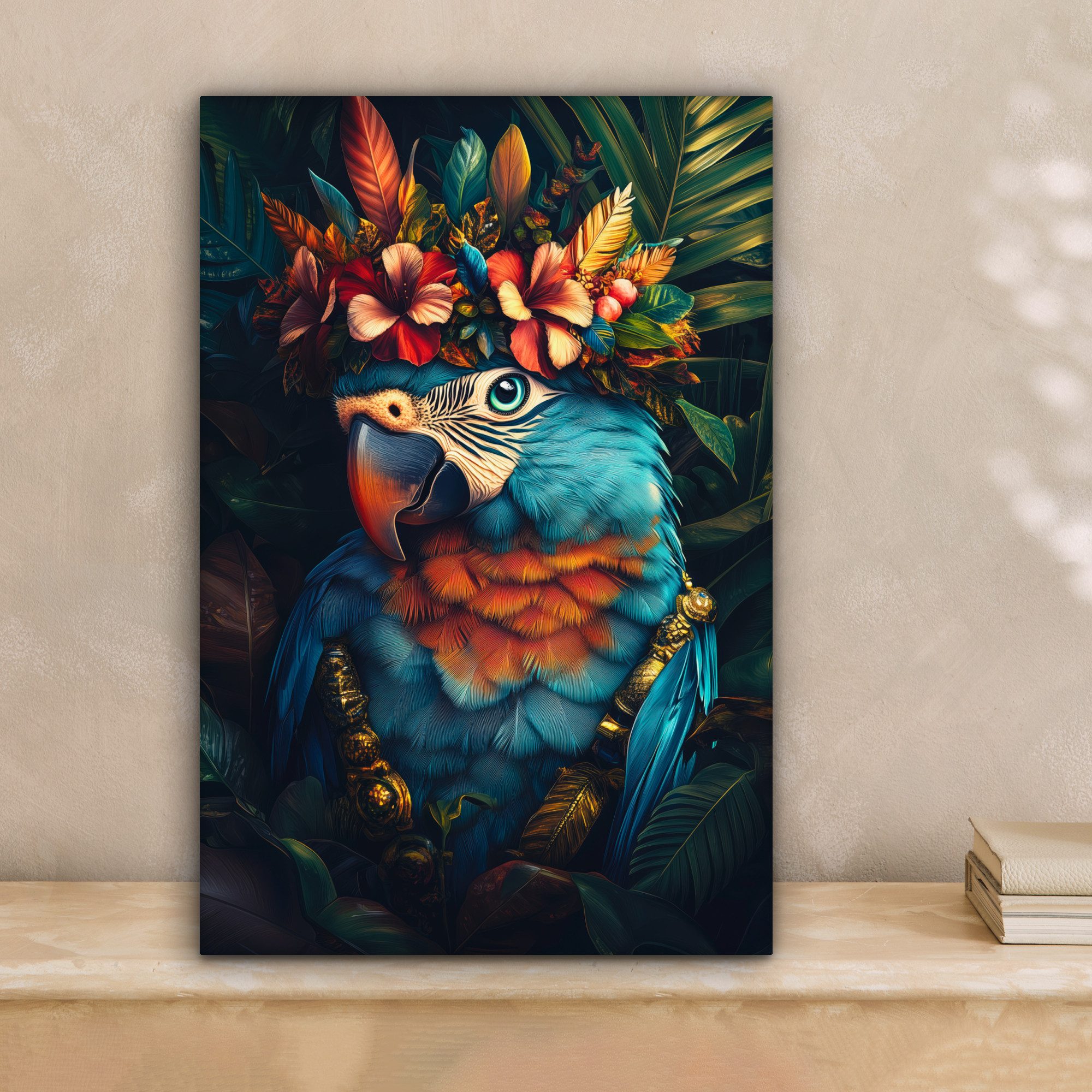 OneMillionCanvasses® Leinwandbild Papagei - Vogel - Bunt - Blumen - Blätter günstig online kaufen