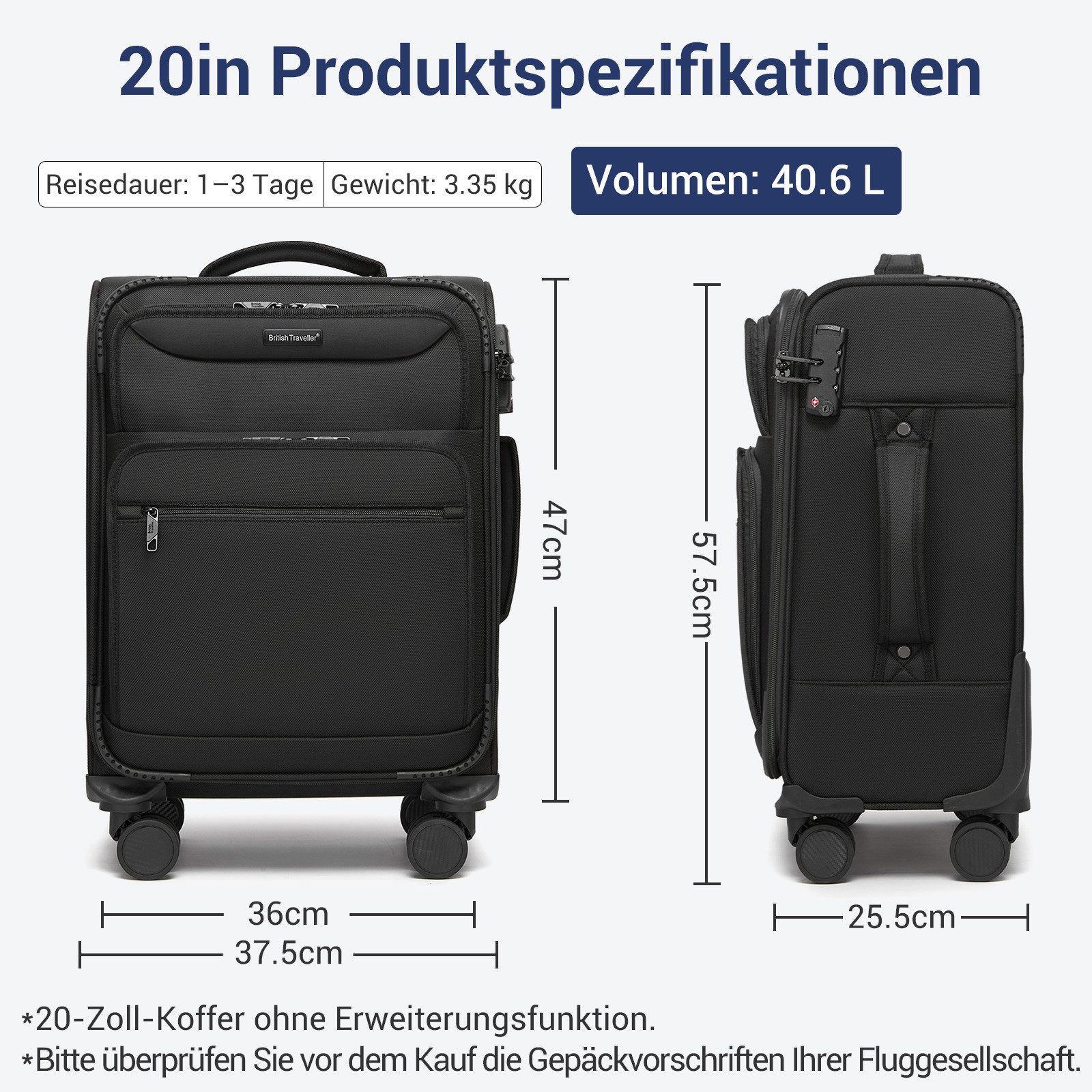British Traveller Handgepäck-Trolley Stoffkoffer erweiterbar mit Frontfäche günstig online kaufen
