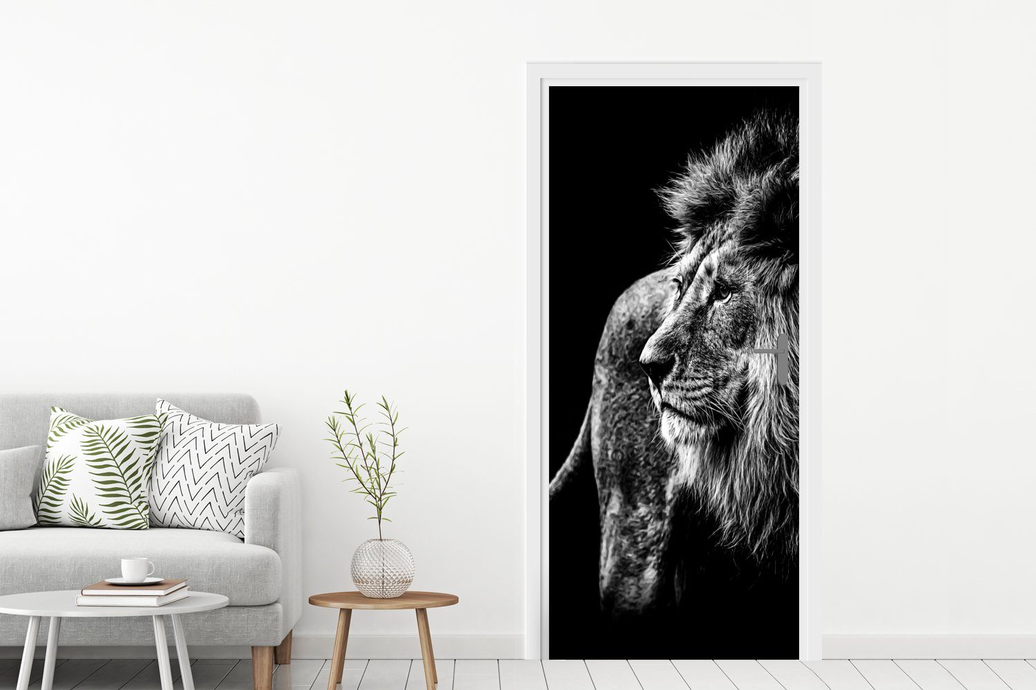 - - Wild (1 Löwe für Türtapete Tür, - - St), Weiß, MuchoWow Türaufkleber, 75x205 Tiere Schwarz Fototapete bedruckt, cm Matt,