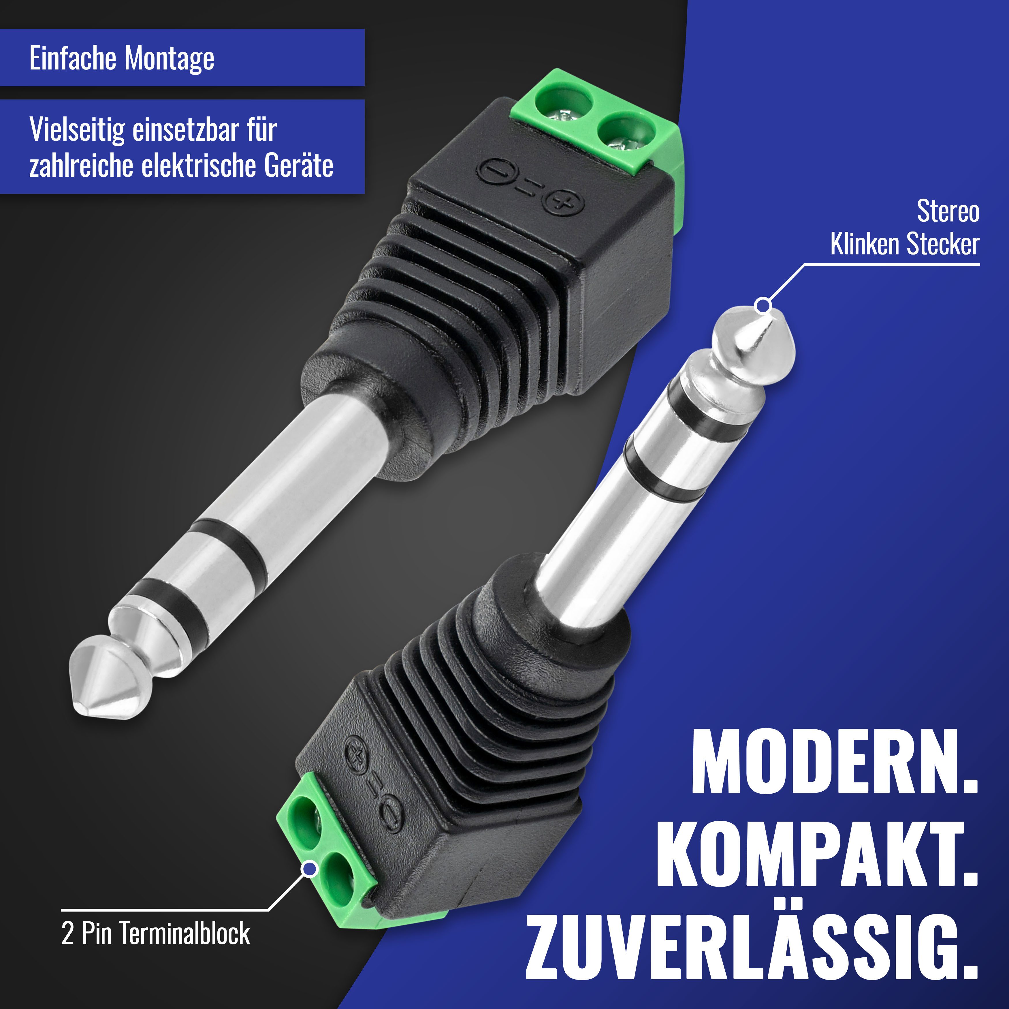 Poppstar Audio Klinkenstecker 2 Stück Audio-Adapter 6,35-mm-Klinke zu 2-pin Terminal Block, (Adapter 6,35mm Klinke Stereo männlich auf 2-pin Terminal Block) – Bild 3 von 5