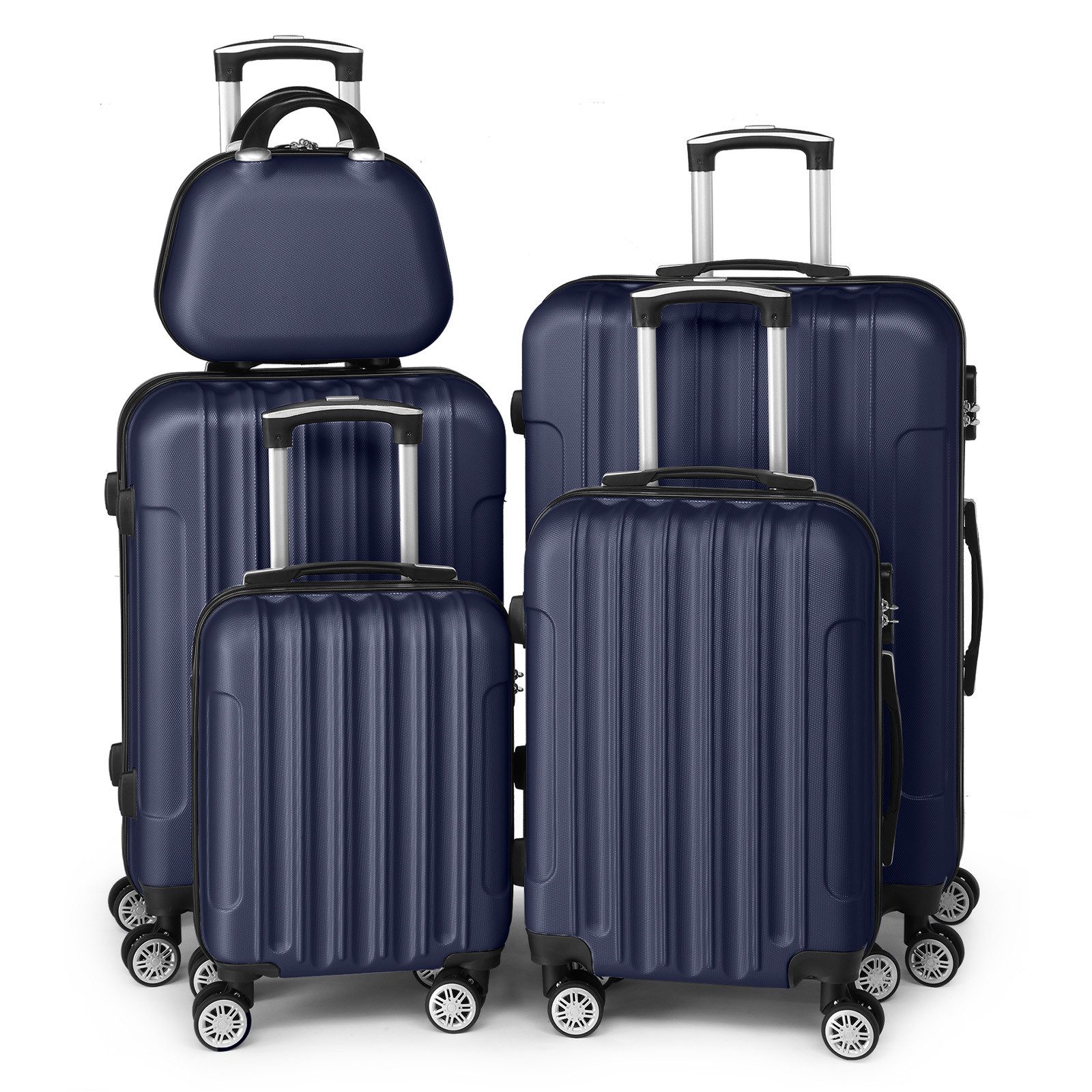 LALAHO Trolley Kofferset Hartschale Reisekoffer, 360° Rollen, 4 Rollen, 5er Set Handgepäck, Koffer, mit Kosmetikkoffer, Schwarzblau