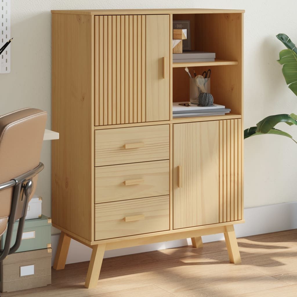 furnicato Highboard Sideboard aus massivem Kiefernholz Braun 85 x 43 x 125 cm (1 St), Wachsveredelter Bücherschrank mit 3 Schubladen und Fächern mit Türen