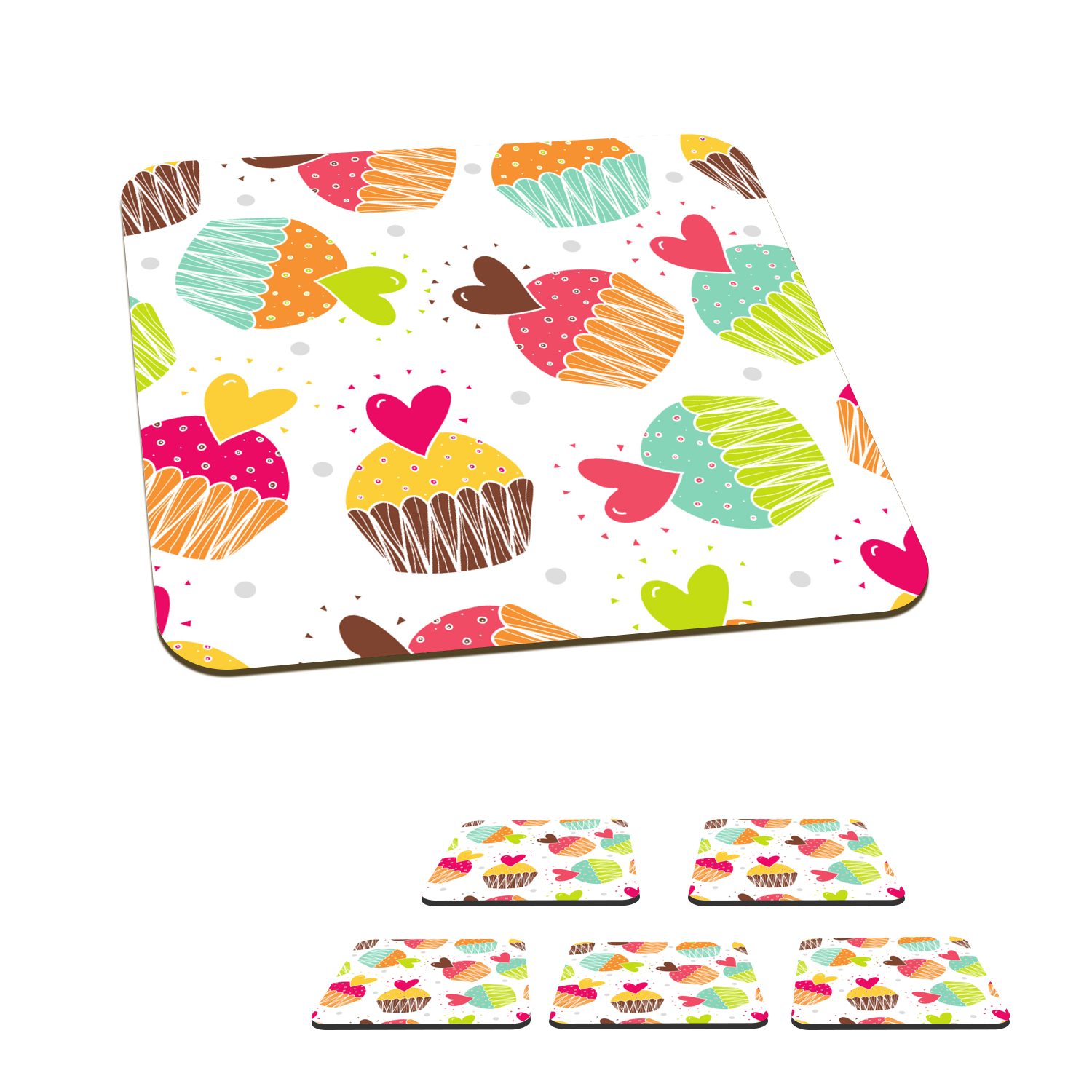 MuchoWow Glasuntersetzer Muffin - Regenbogen - Design - Herz, Zubehör für Gläser, 6-tlg., Glasuntersetzer, Tischuntersetzer, Korkuntersetzer, Untersetzer, Tasse