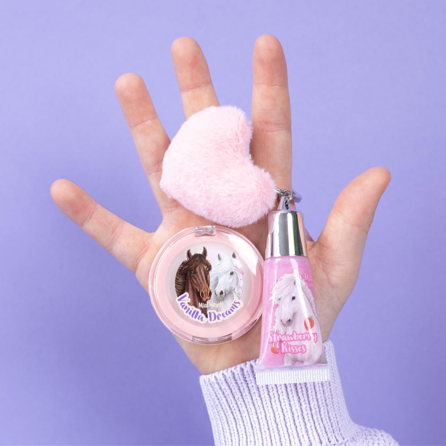 Depesche Schmuckset Miss Melody Lipgloss Set im Pferde Design für Kinder, 2 Glosse, Fruchtige Düfte, inkl. Plüsch Anhänger, Pink – Bild 2 von 5