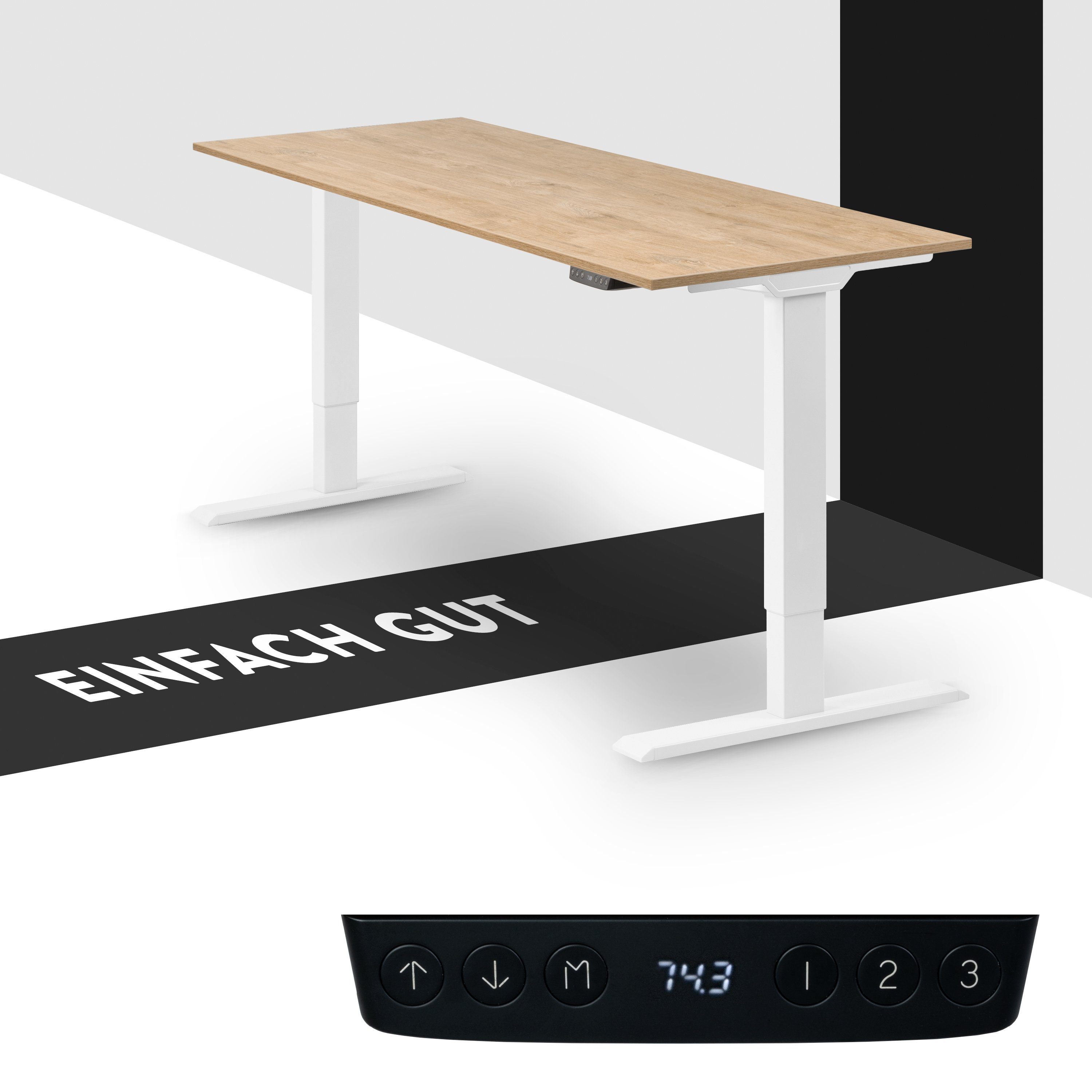 boho office® Schreibtisch Homedesk Eco (Tischgestell Weiß, Tischplatte Wildeiche 110 x 60 cm), Stehschreibtisch elektrisch höhenverstellbar, 3 Speicherplätzen Weiß | Wildeiche