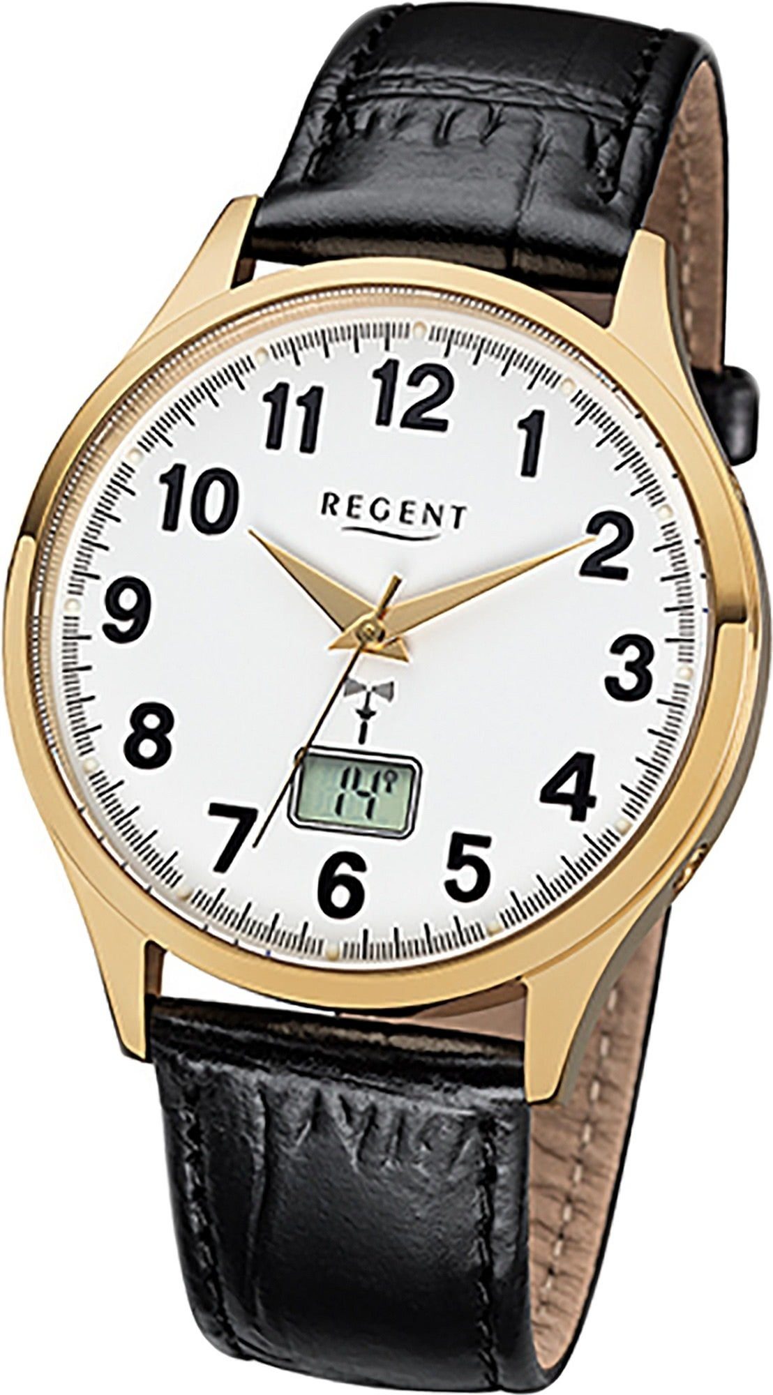 Regent Funkuhr Regent Leder Herren Uhr FR-229 Funkuhr, Herrenuhr mit Lederarmband, rundes Gehäuse, (ca. 40mm), Elegant-Style
