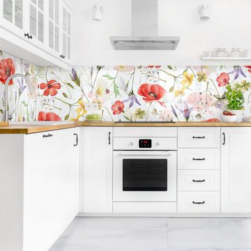 Bilderdepot24 Küchenrückwand rot dekor Aquarell Muster Blumen Marienkäfer mit Mohn als Aquarell, (1-tlg., Nischenrückwand - für Fliesenspiegel ohne Bohren - matt), Spritzschutz Rückwand Küche Herd - Folie selbstklebend versch. Größen