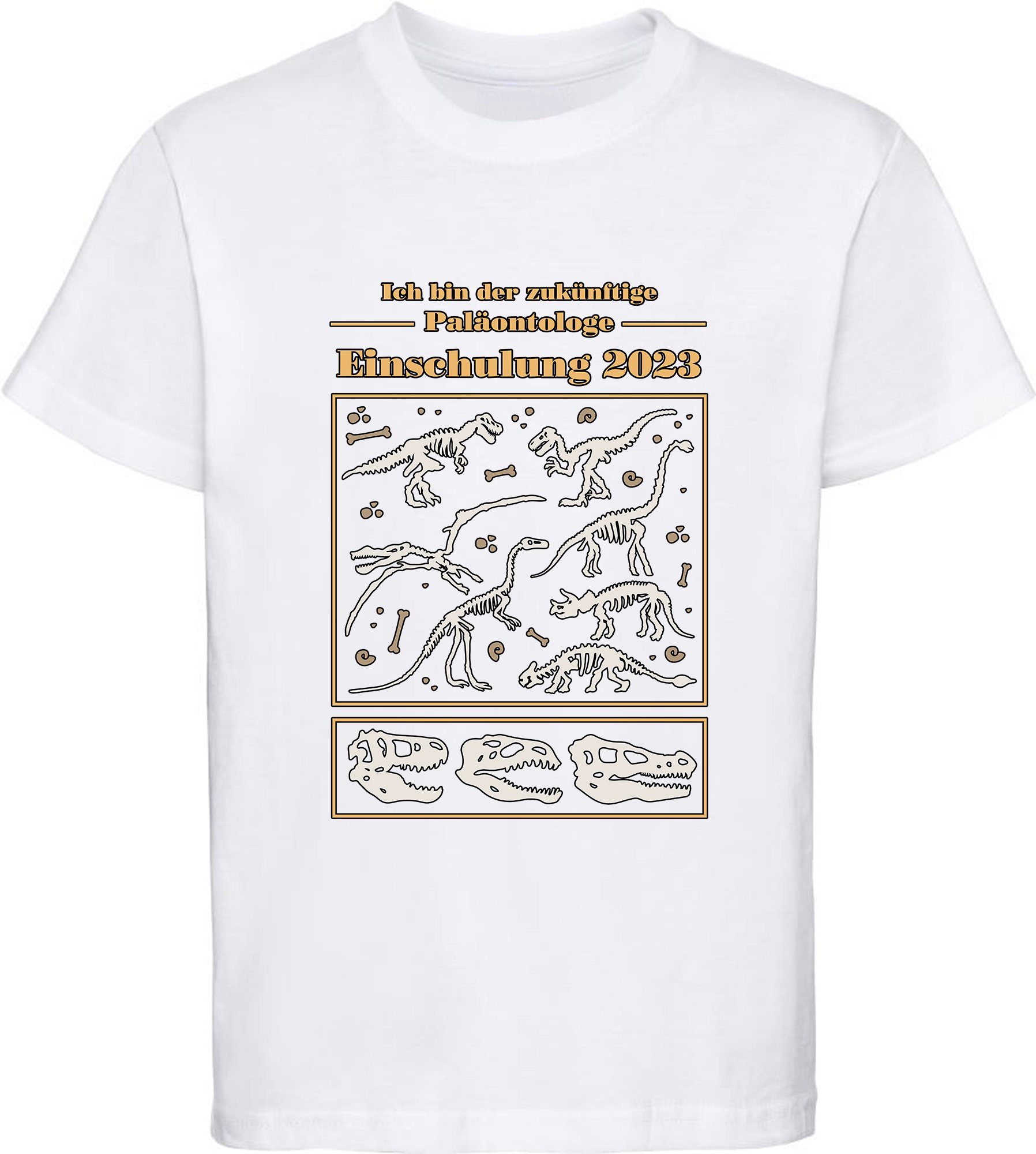 MyDesign24 Print-Shirt bedrucktes Kinder Baumwollshirt i36 2023, zukünftige Paläontologe T-Shirt blau, schwarz, Skeletten weiß, Einschulung rot, mit Dino