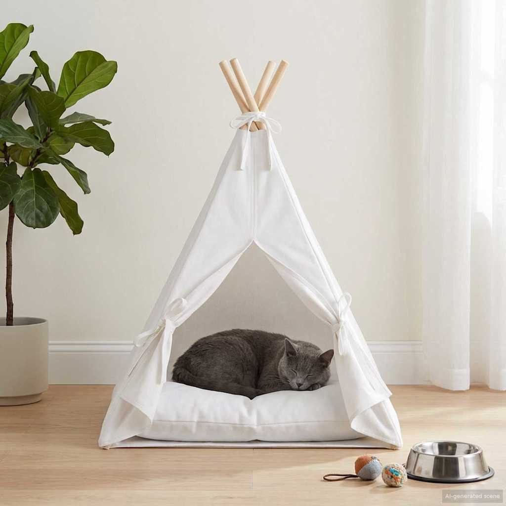 vidaXL Tierkorb 40 x 40 x 50 cm Haustier-Tipi mit Kissen Weiß 40x40x50 cm Polyester