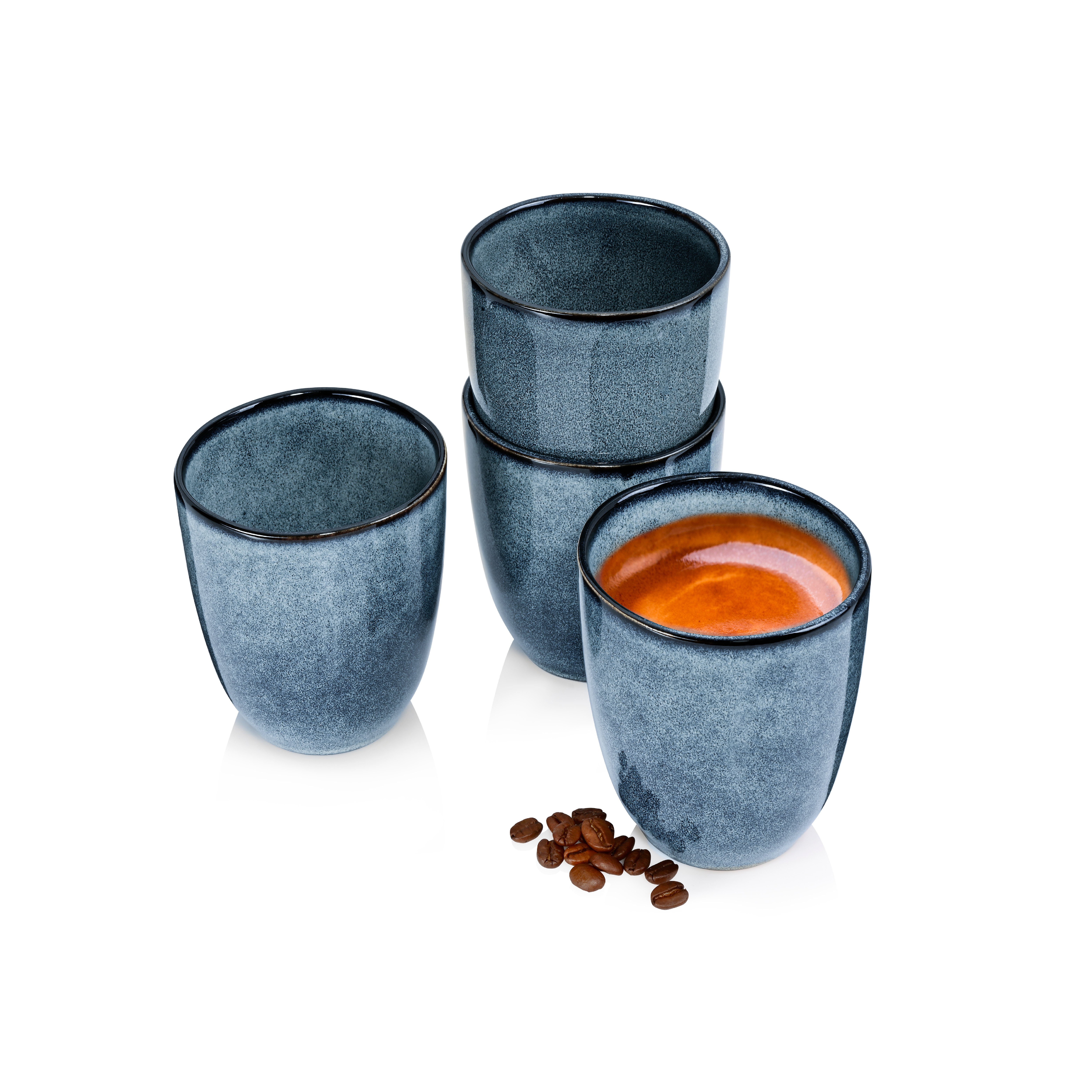 SÄNGER Becher Darwin Kaffeebecher ohne Henkel Set, Steingut, Handmade, 300 ml, Blau, Premium Collection