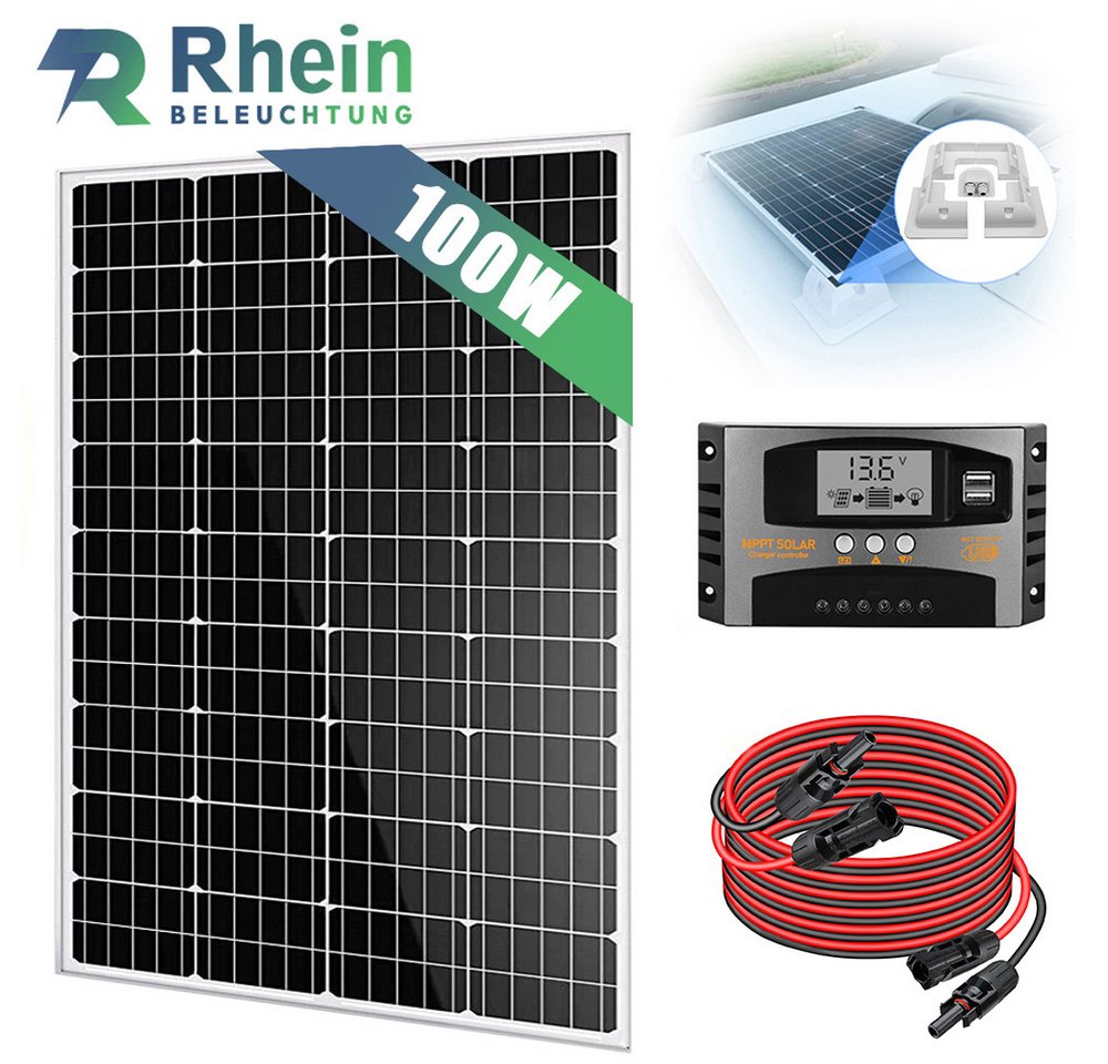 Rhein Beleuchtung Solarmodul 100W Solaranlage Komplettset 12V MPPT, 100w solarpanel, 100 W, Monokristallin, (Set, 4-St., für Wohnmobil, Boot, Garten, Camping), Monokristallines Solarpanel mit Kabel & Regler