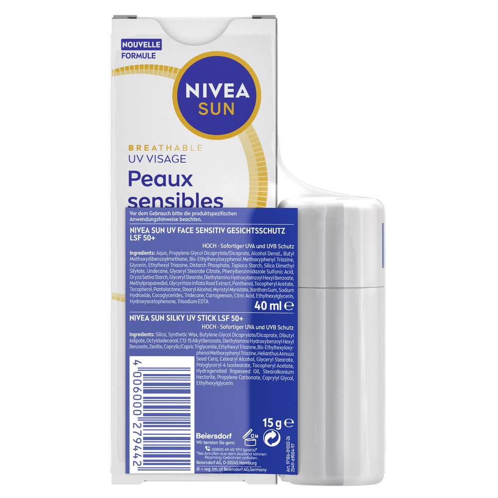 Nivea Sun Sonnenschutzlotion UV Face Sensitive LSF50+ mit Silky UV Stick Vorteilspack, Set, 2-tlg., UV Face Sensitive LSF50+ mit Silky UV Stick Vorteilspack, für empfindliche Haut, mit feuchtigkeitsspendender Formel, parfümfrei
